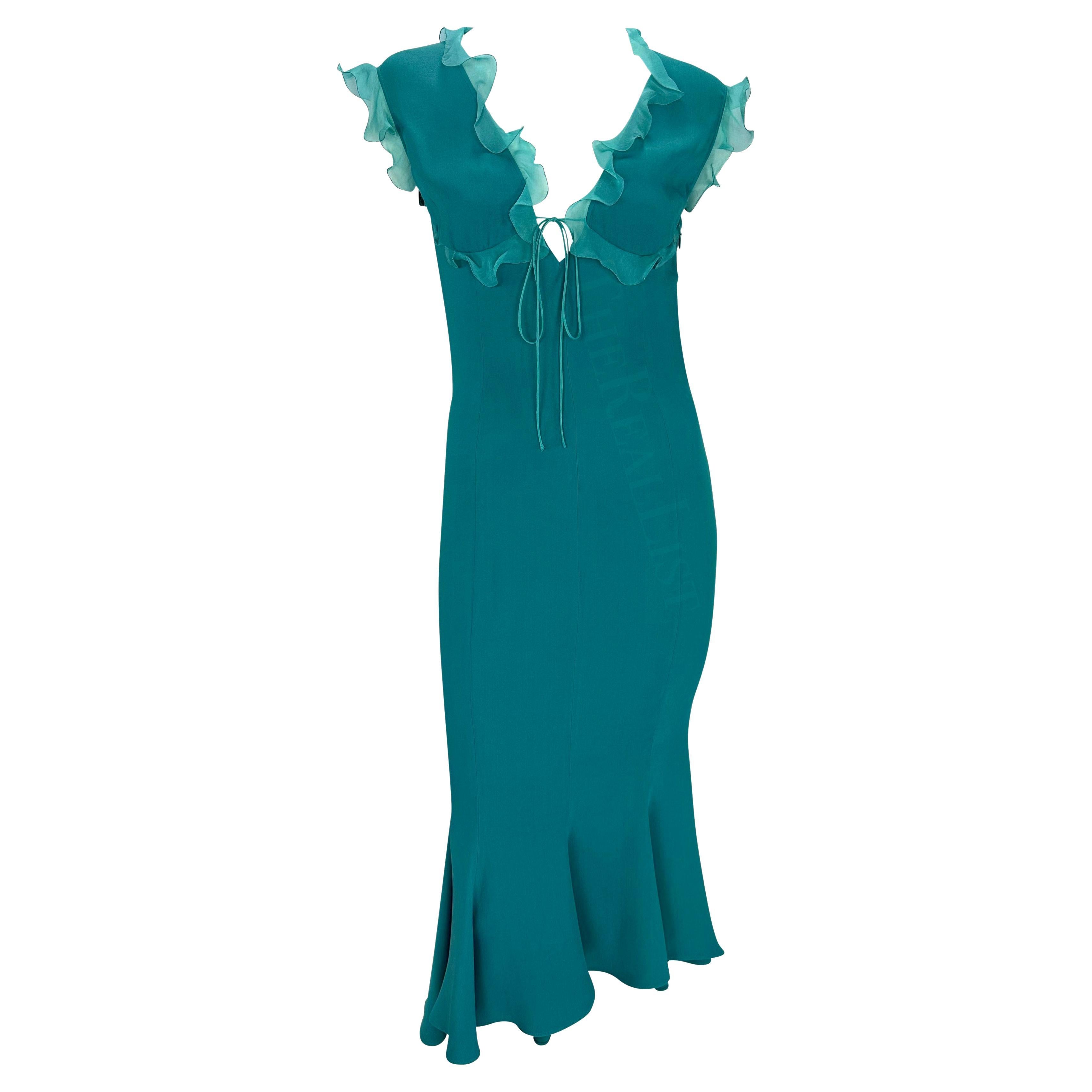 Early 2000s Emanuel Ungaro Turquoise Ruffle Midi Dress For Sale