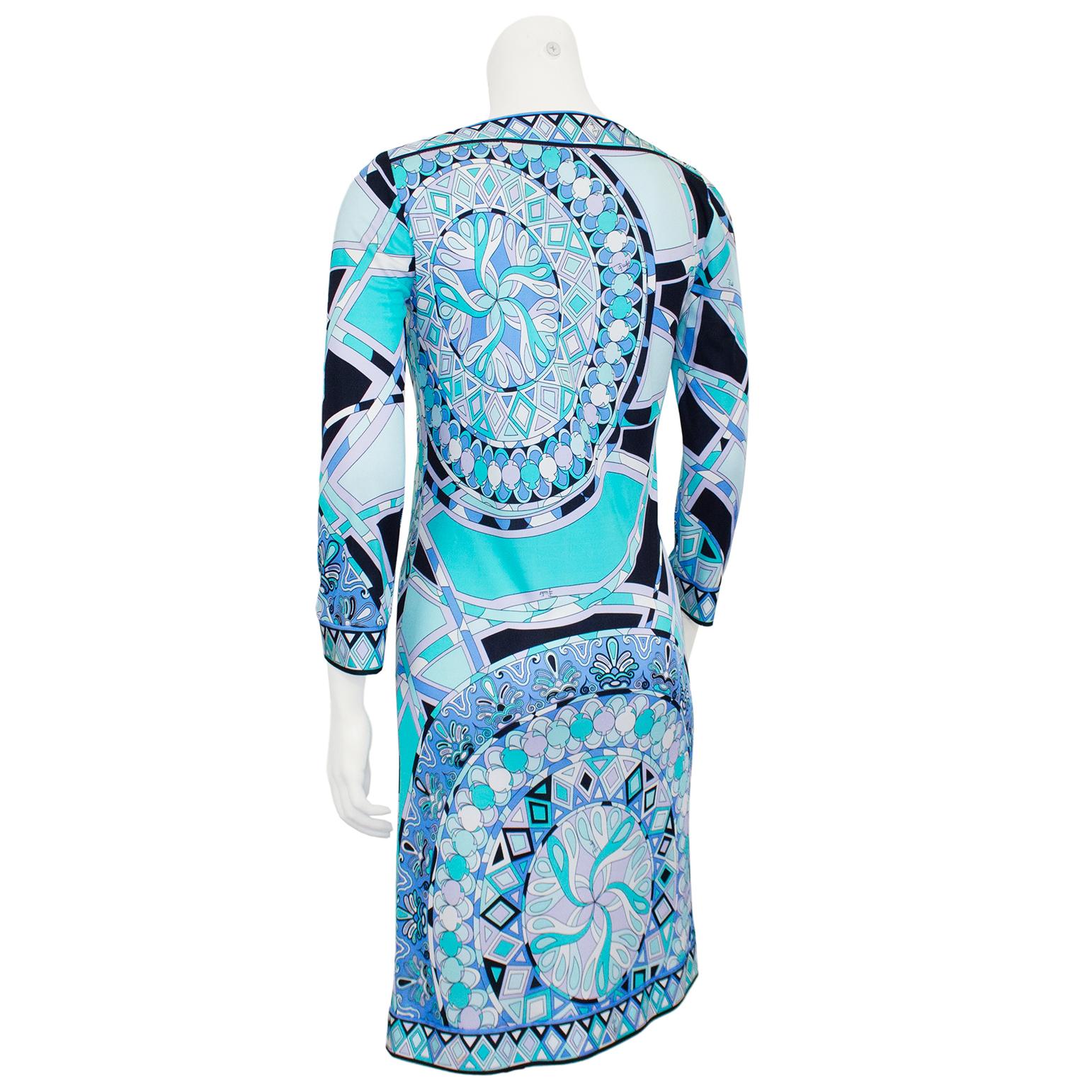 Early 2000s Emilio Pucci Blue Printed Long Sleeve Dress  In Good Condition For Sale In Toronto, Ontario