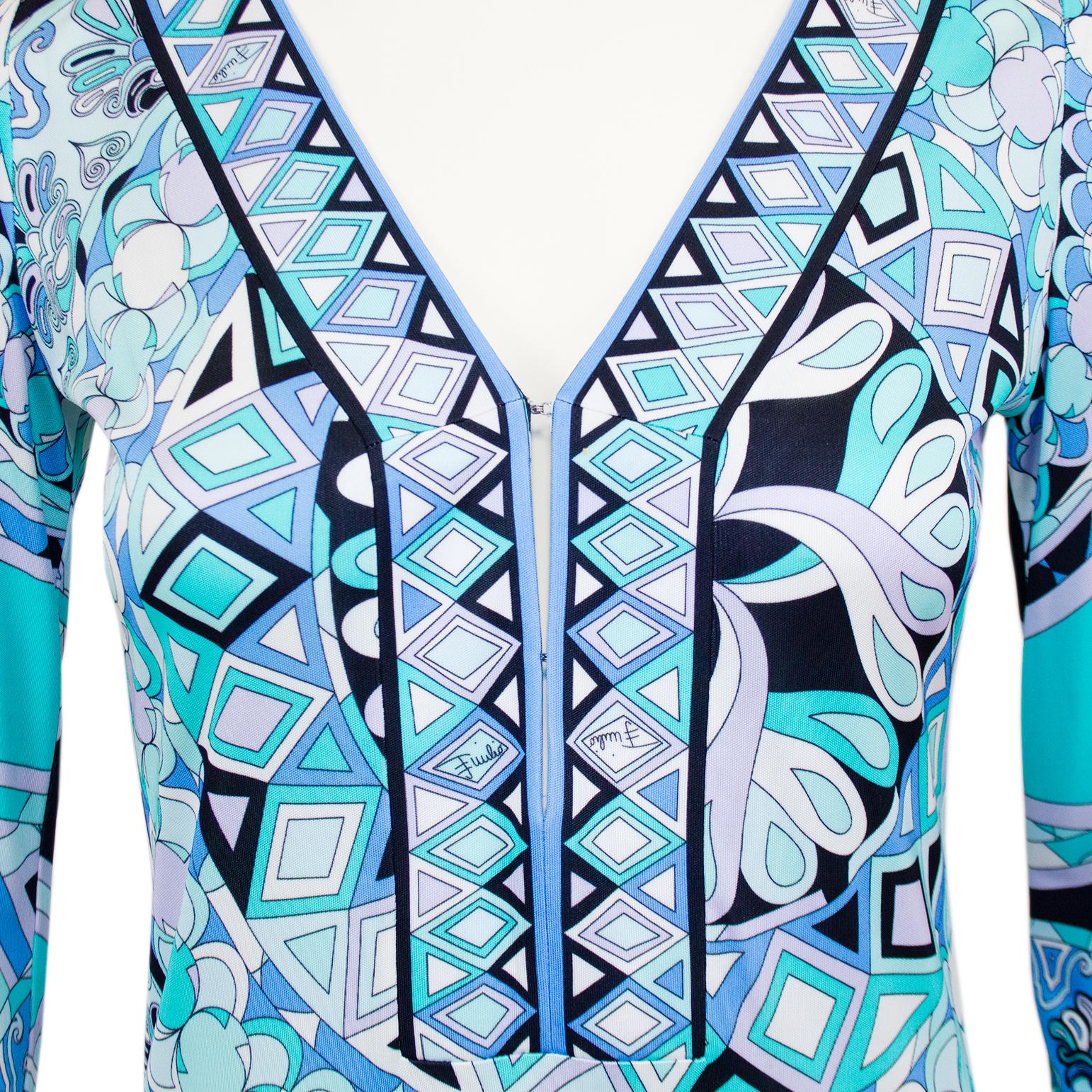 Emilio Pucci Blaues bedrucktes langärmeliges Kleid aus den frühen 2000ern  Damen im Angebot