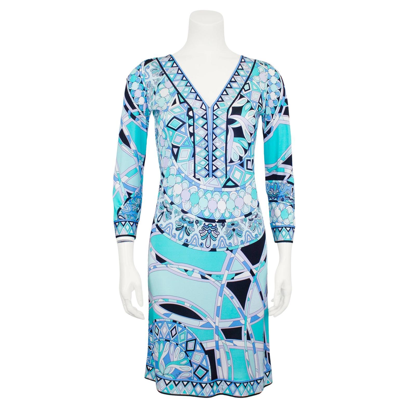 Emilio Pucci Blaues bedrucktes langärmeliges Kleid aus den frühen 2000ern  im Angebot