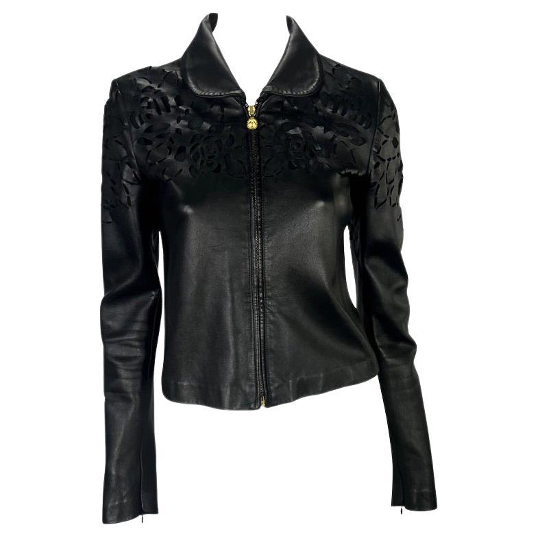 Early 2000s Gianni Versace by Donatella Floral Cutout Medusa Leather Jacket For Sale