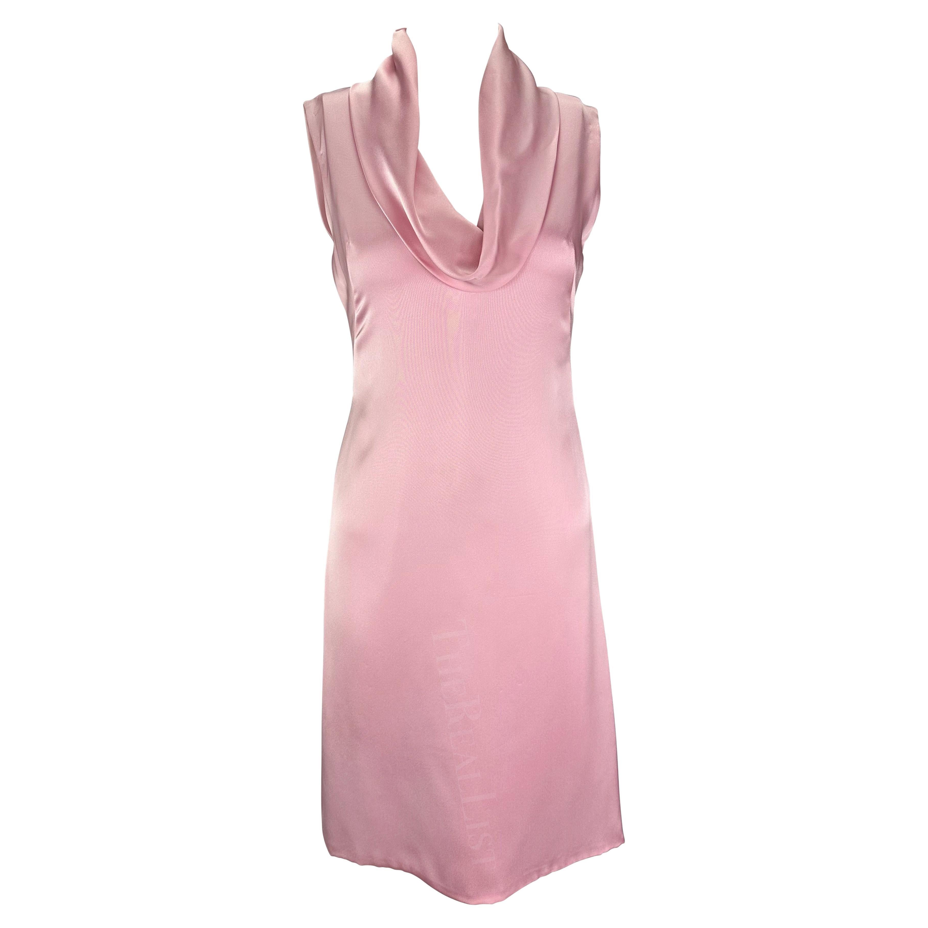 Early 2000s Gianni Versace by Donatella Light Pink Silk Cowl Neck Mini Dress For Sale