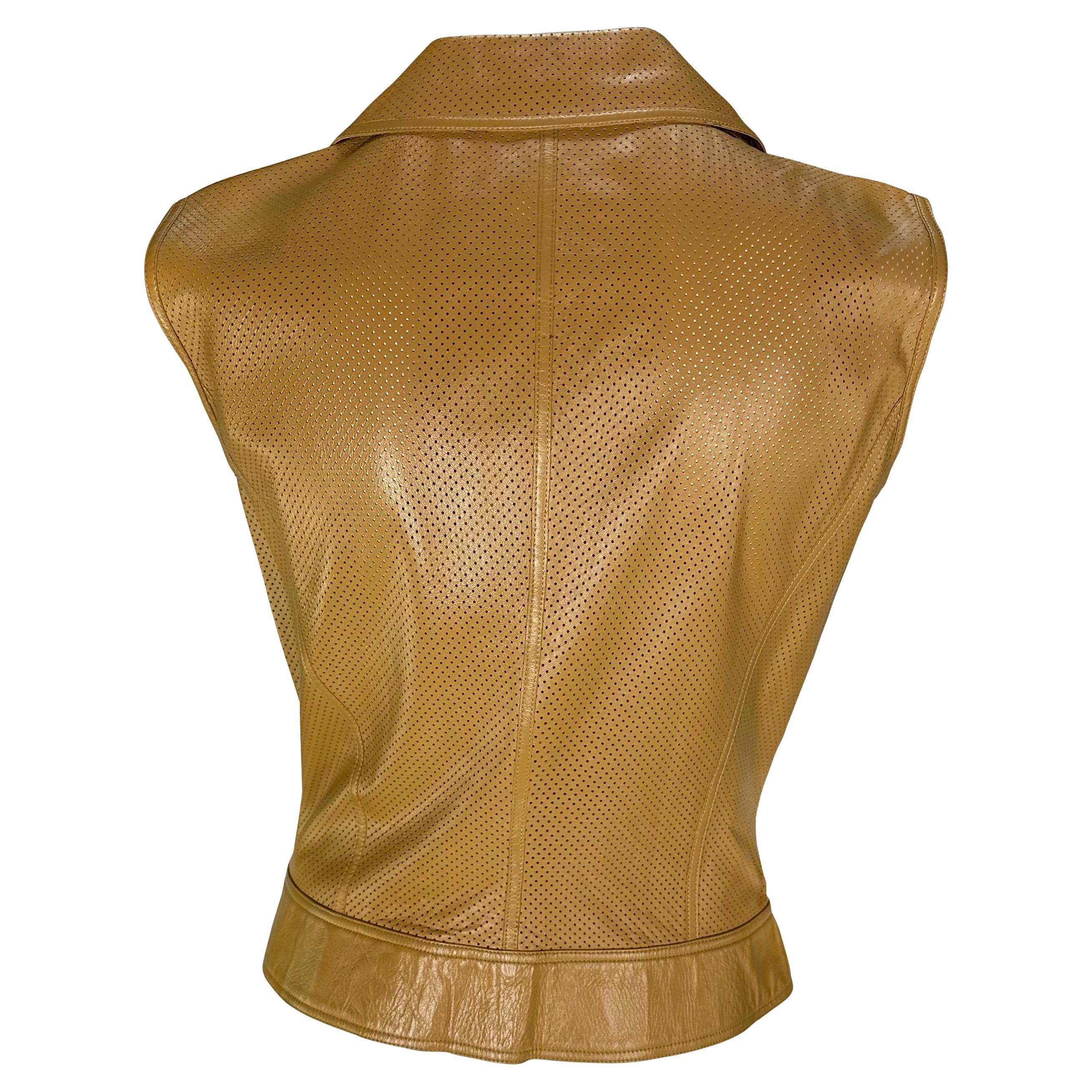 Early 2000s Gianni Versace by Donatella Perforated Leather Medusa Zip Vest Top In Excellent Condition For Sale In West Hollywood, CA