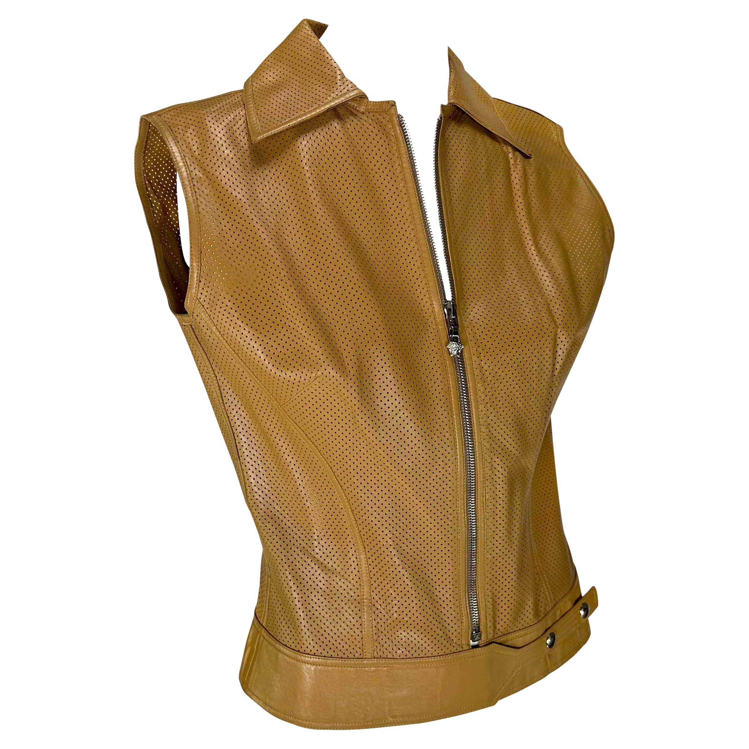 Early 2000s Gianni Versace by Donatella Perforated Leather Medusa Zip Vest Top For Sale 1