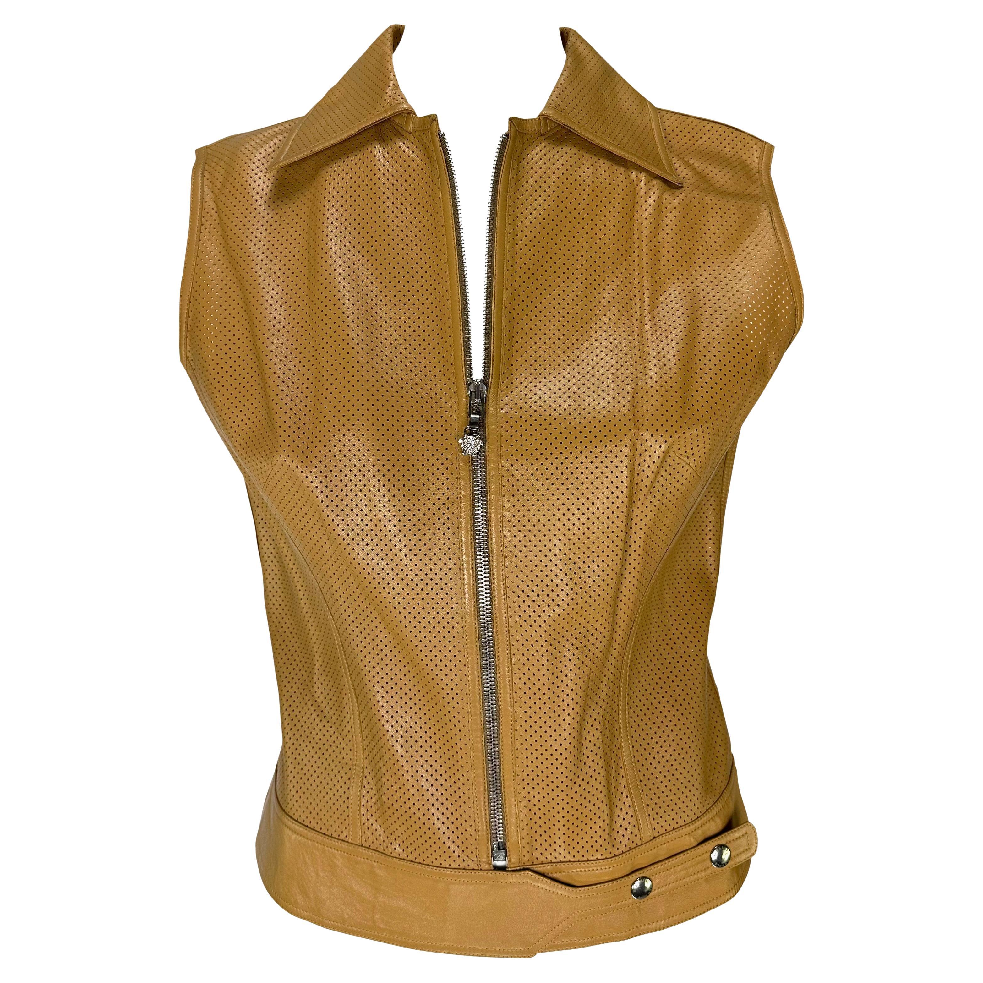 Early 2000s Gianni Versace by Donatella Perforated Leather Medusa Zip Vest Top For Sale