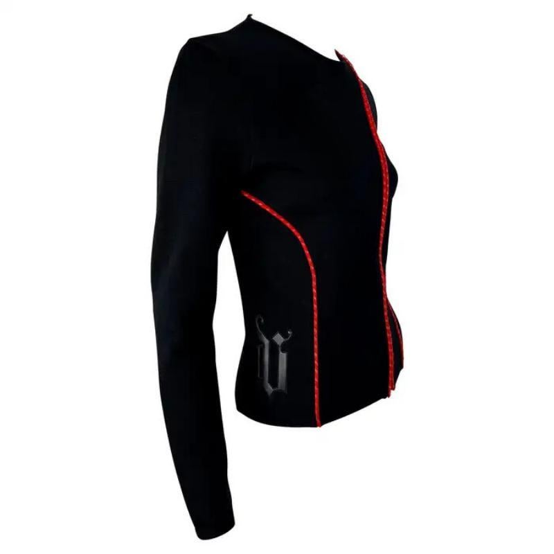 Early 2000s Gianni Versace by Donatella Red Leather Logo Appliqué Knit Zip Top