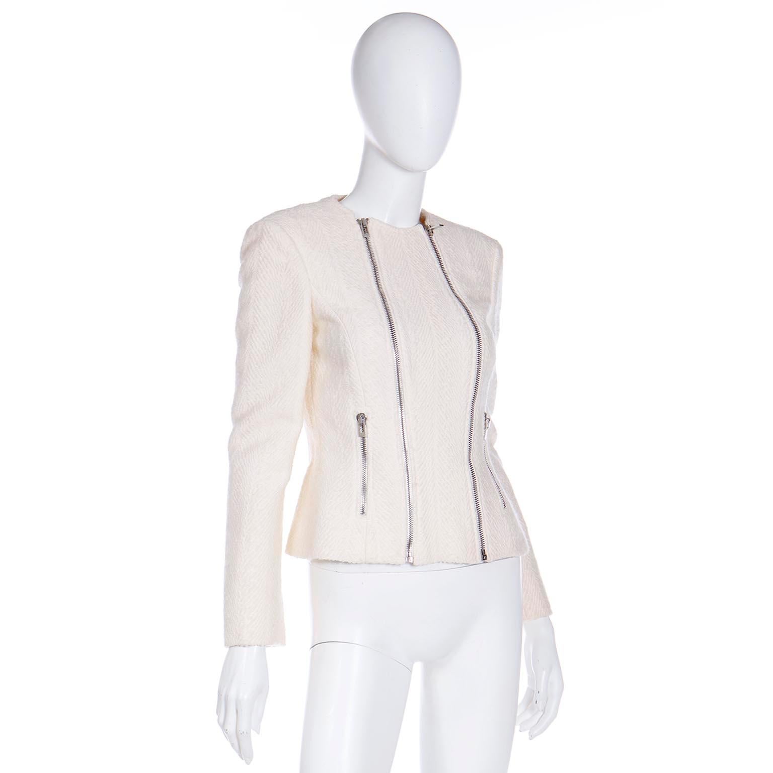 Early 2000s Gianni Versace Ivory Boucle Wool Double Zip Front Jacket In Excellent Condition For Sale In Portland, OR