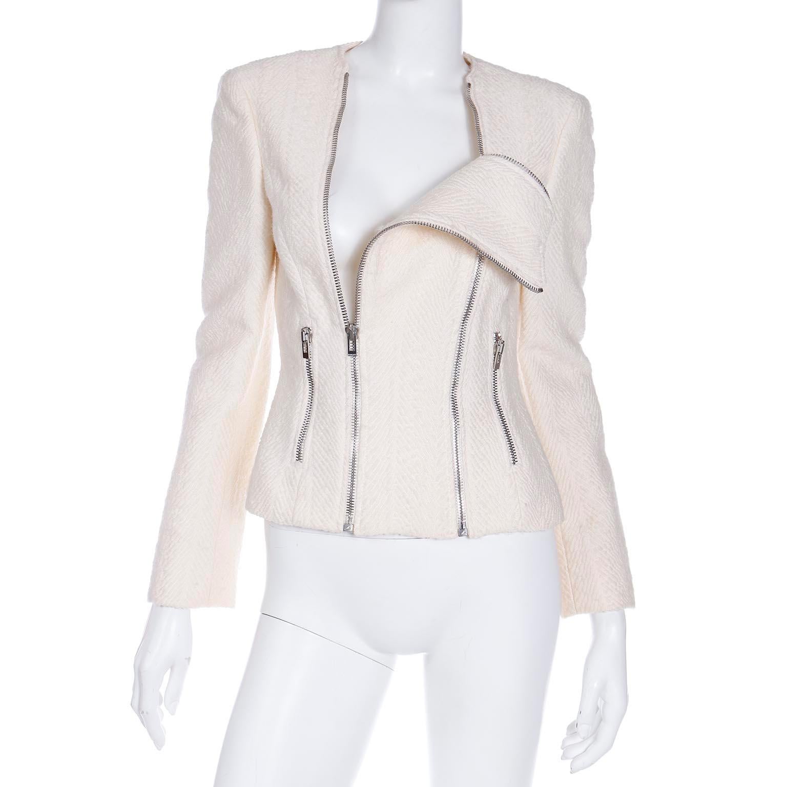 Early 2000s Gianni Versace Ivory Boucle Wool Double Zip Front Jacket For Sale 1