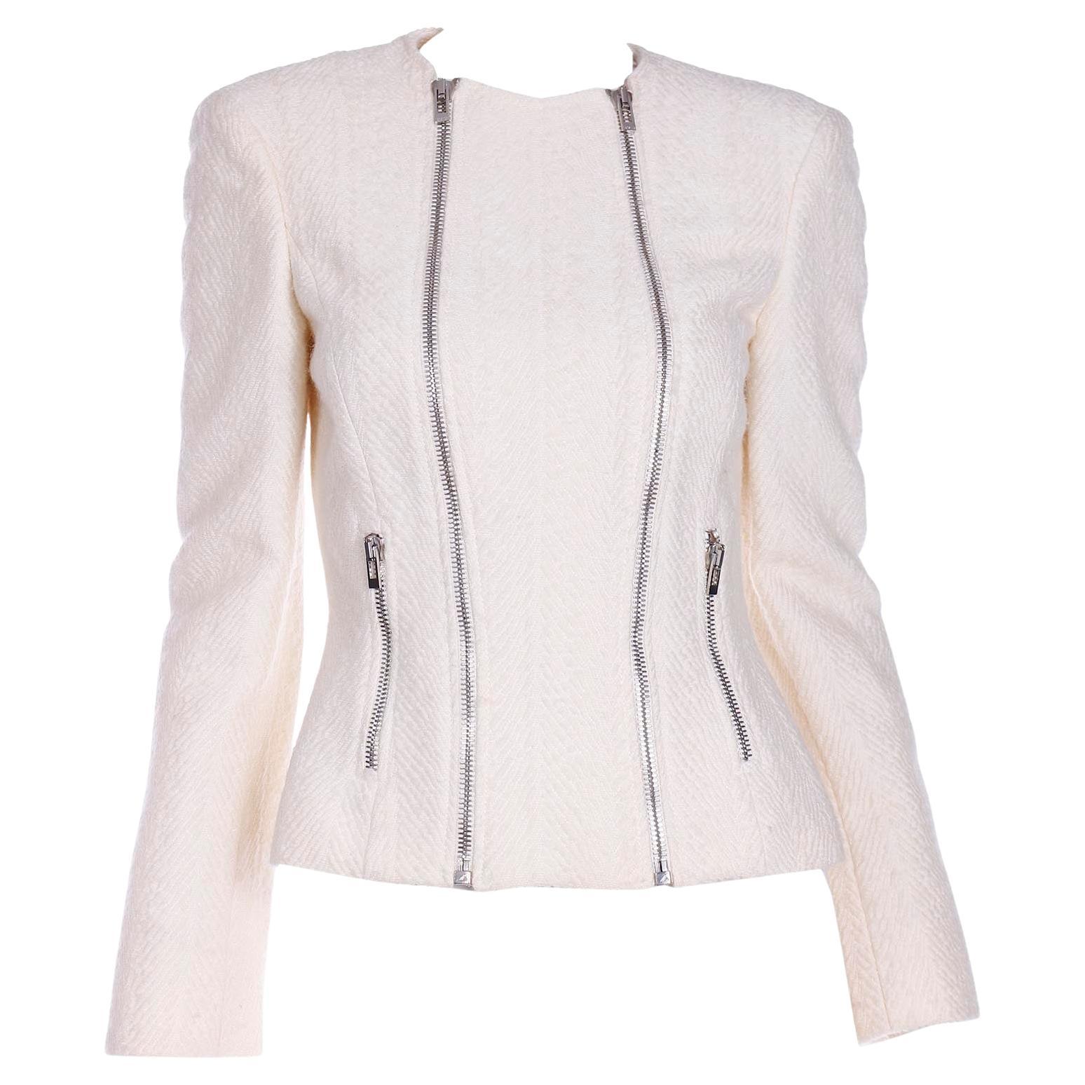Early 2000s Gianni Versace Ivory Boucle Wool Double Zip Front Jacket For Sale