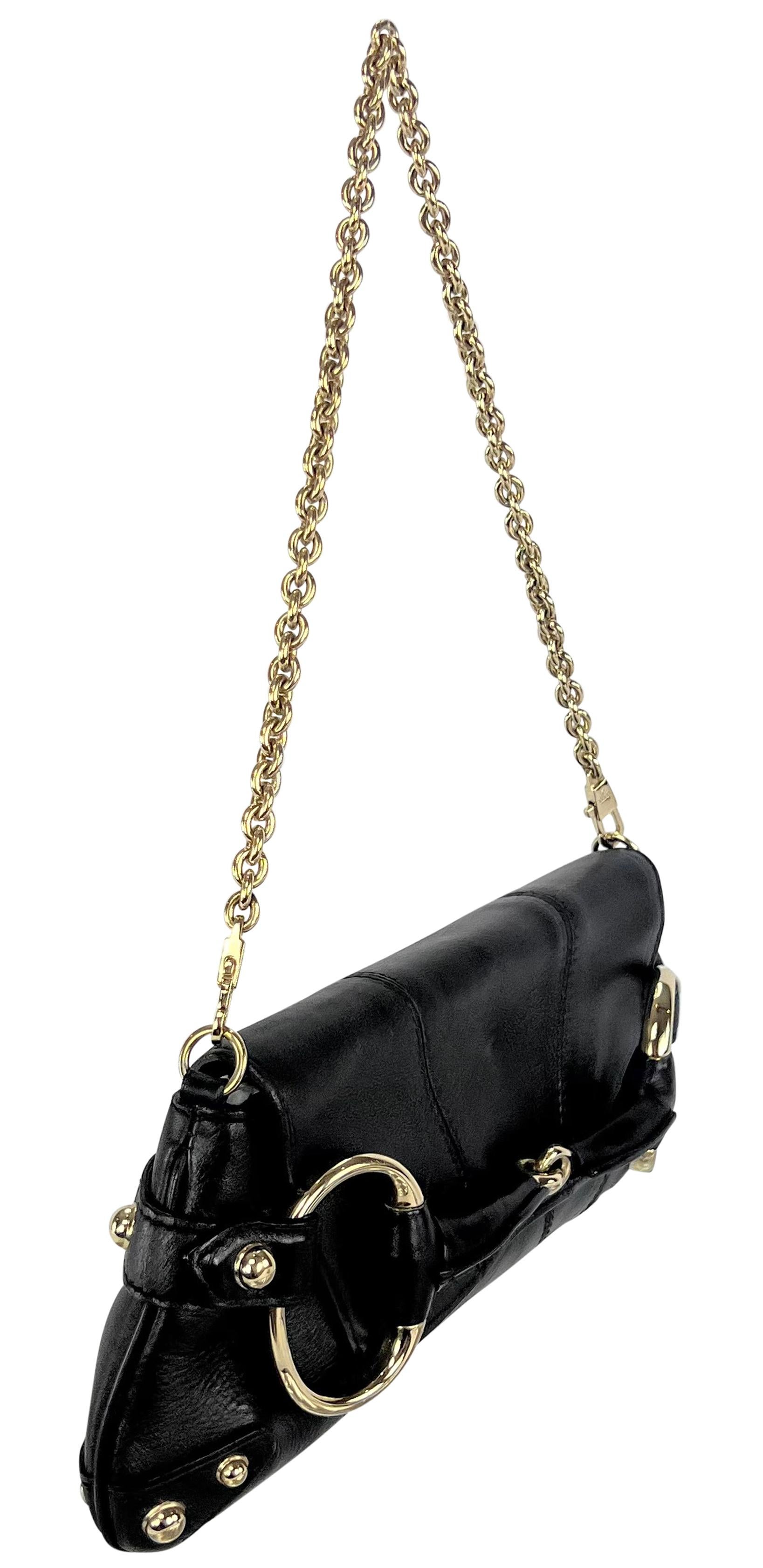 2000s Gucci by Tom Ford Horsebit Convertible Chain Clutch Leather Medium Bag 2