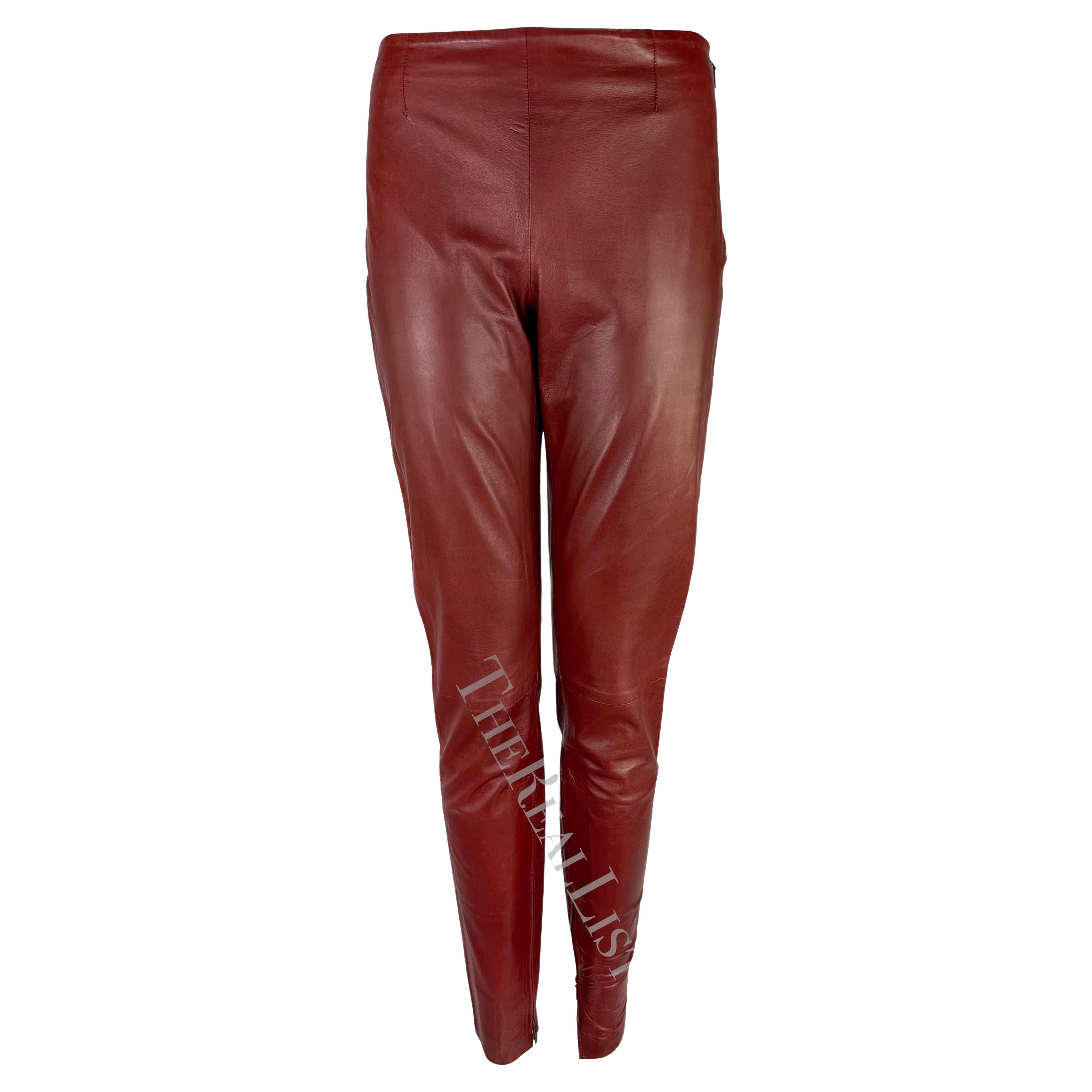 Early 2000s Gucci by Tom Ford Deep Red Fitted Slim Leather Y2K Pants For Sale