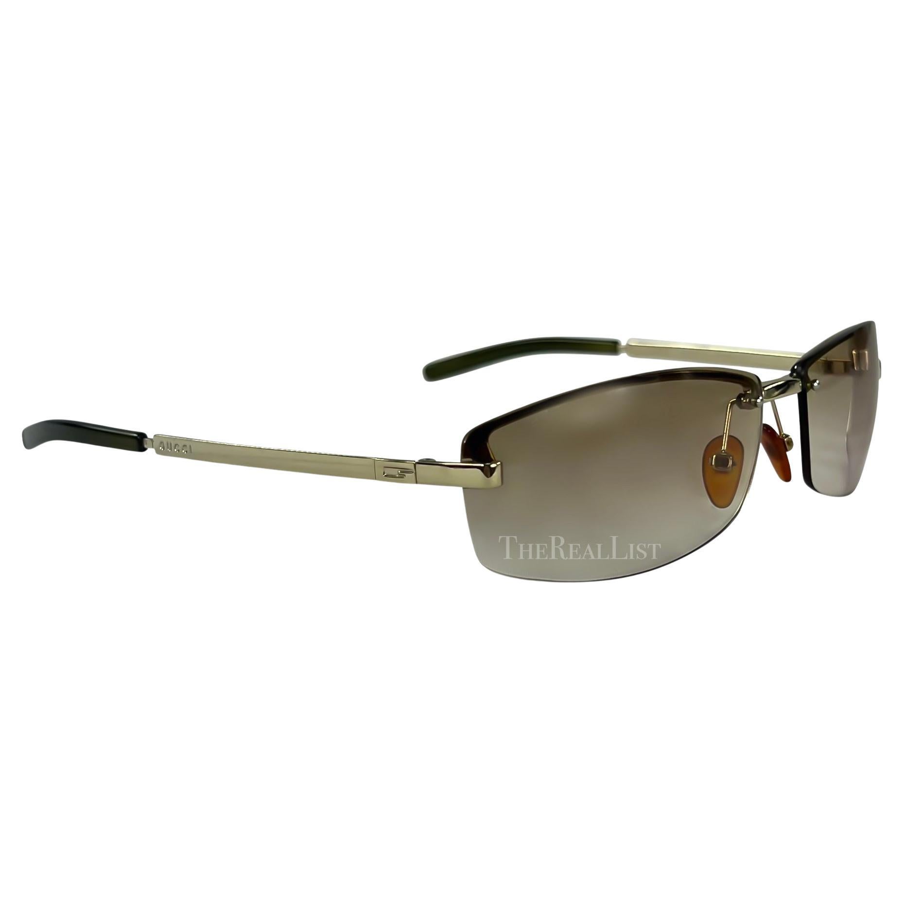 Early 2000s Gucci by Tom Ford G Logo Brown Rimless Sunglasses For Sale