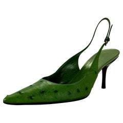Early 2000s Gucci by Tom Ford Green Ostrich Pointed Sling Pumps Size 7.5 B