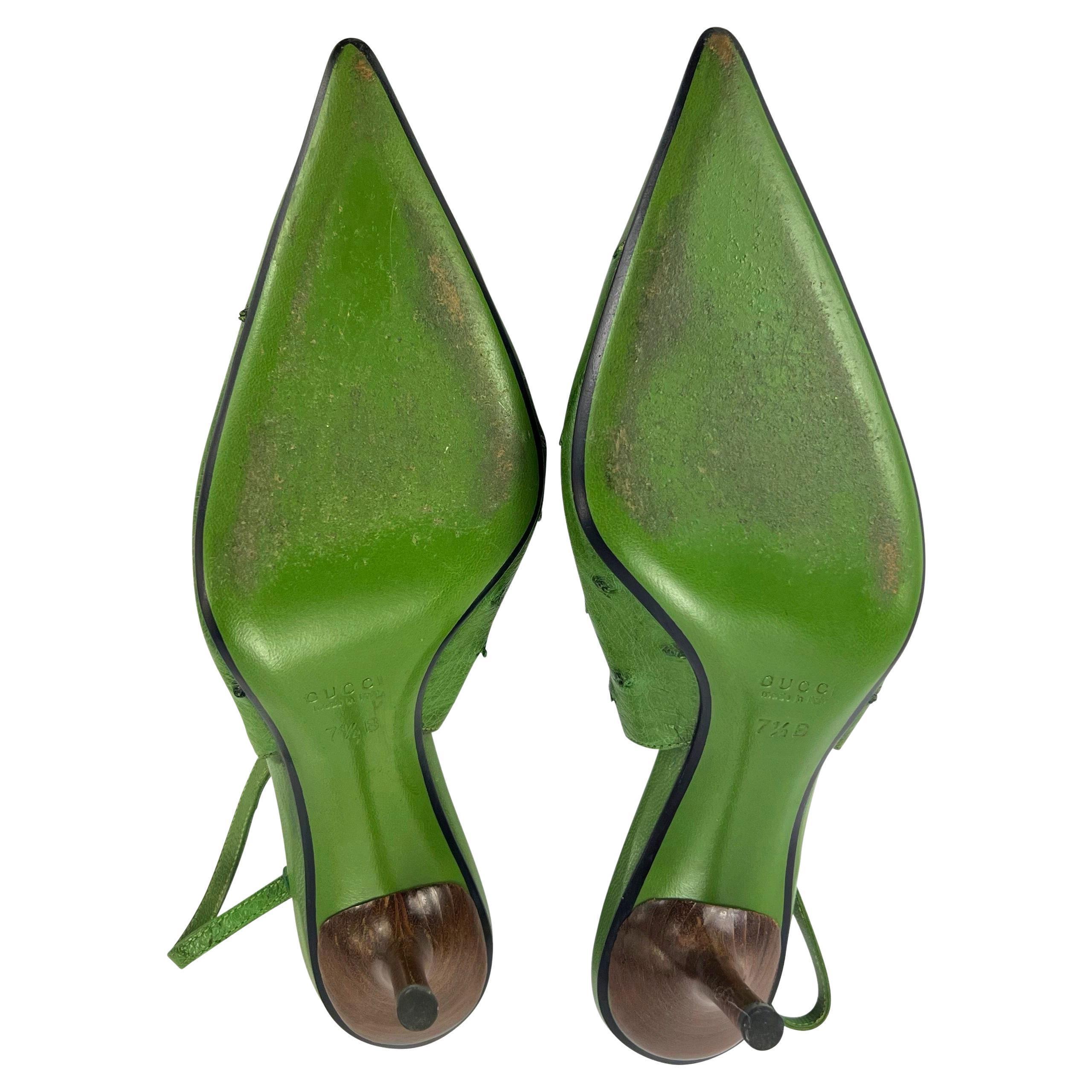 Early 2000s Gucci by Tom Ford Green Ostrich Pointed Sling Pumps Size 7.5 B In Excellent Condition In West Hollywood, CA