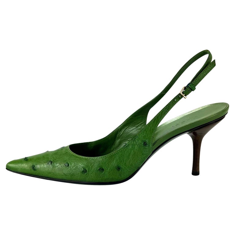 Early 2000s Gucci by Tom Ford Green Ostrich Pointed Sling Pumps Size 7.5 B  For Sale at 1stDibs