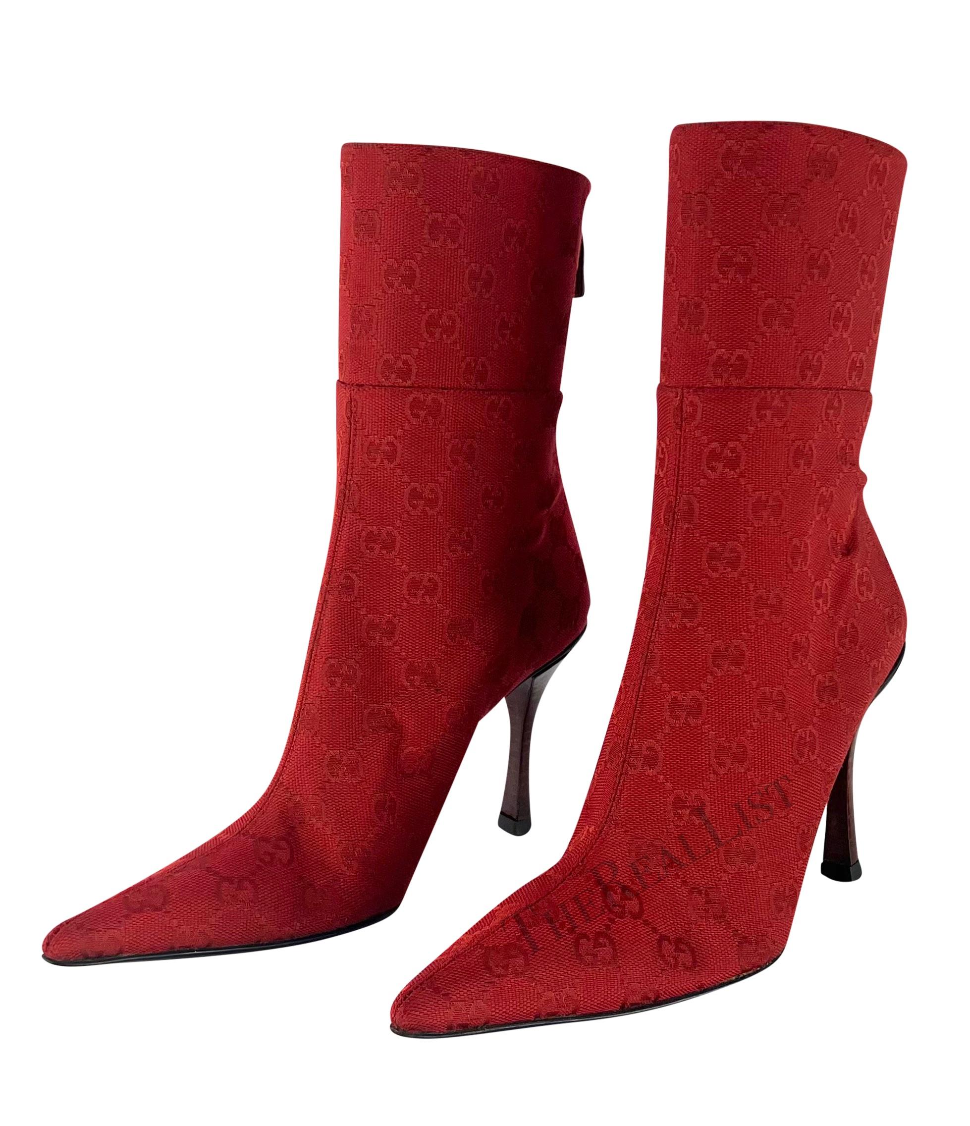 Women's Early 2000s Gucci by Tom Ford Red 'GG' Canvas Heel Ankle Boots Size 6B For Sale