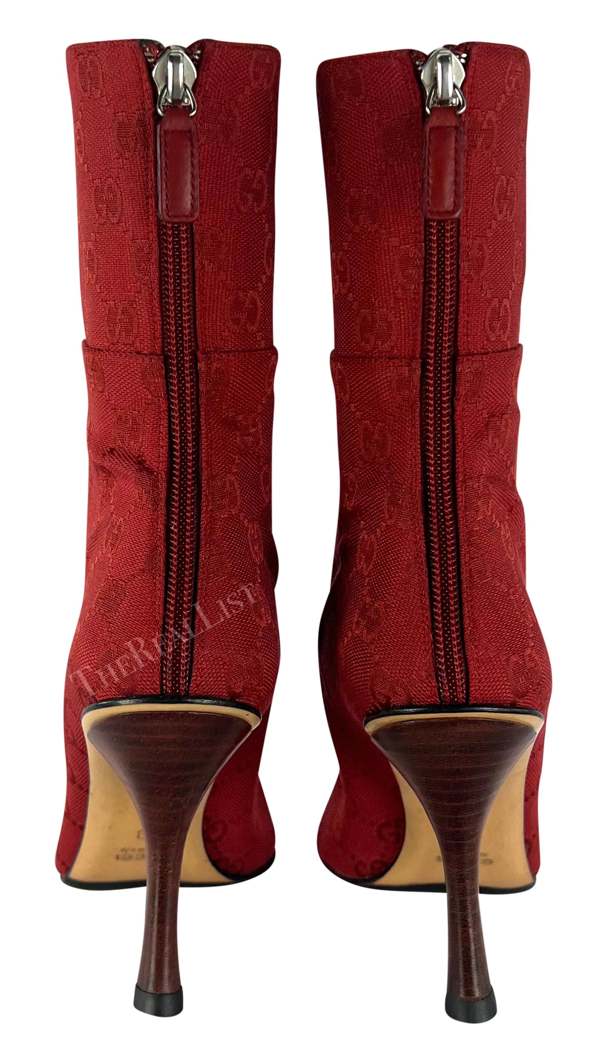 Early 2000s Gucci by Tom Ford Red 'GG' Canvas Heel Ankle Boots Size 6B For Sale 1