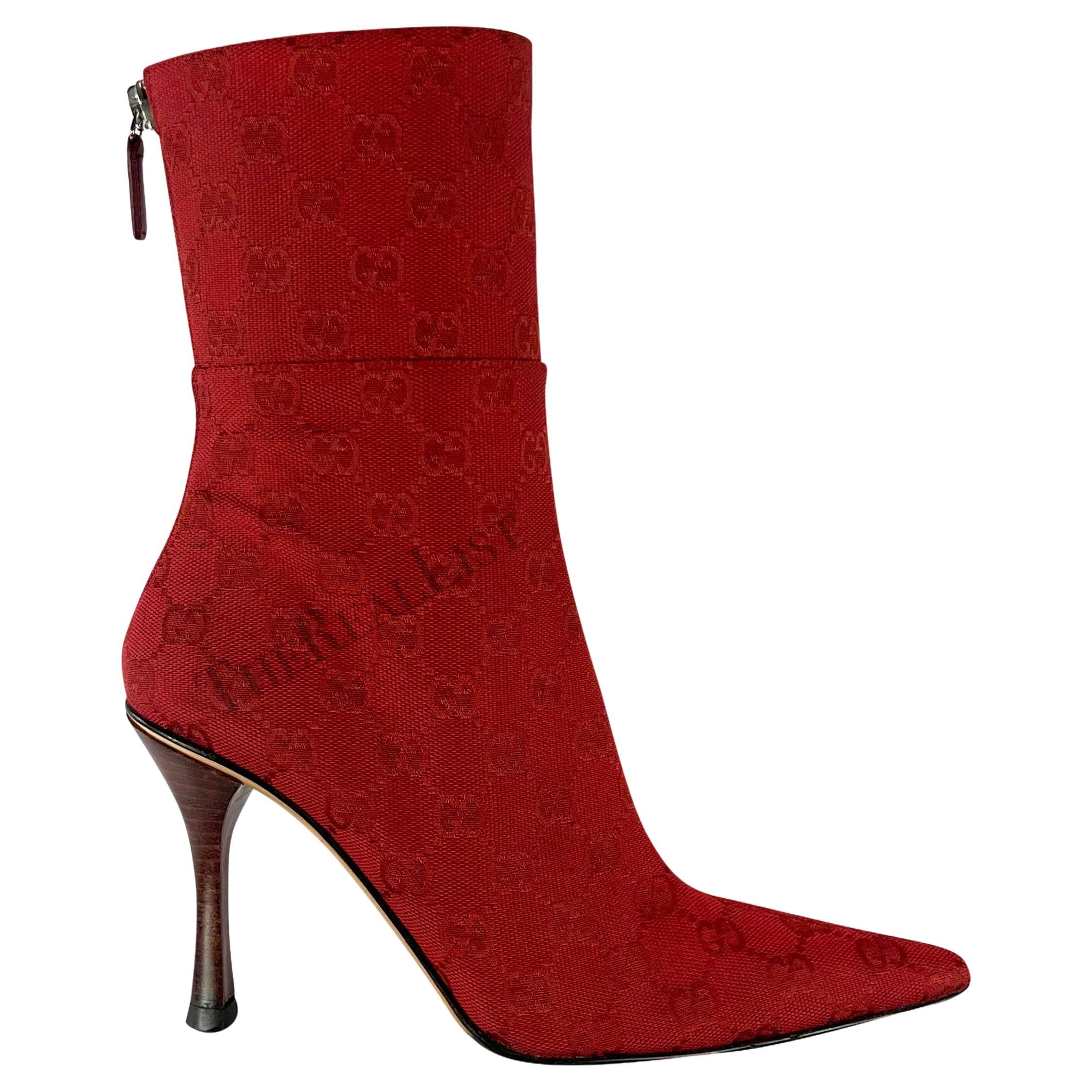 Early 2000s Gucci by Tom Ford Red 'GG' Canvas Heel Ankle Boots Size 6B For Sale