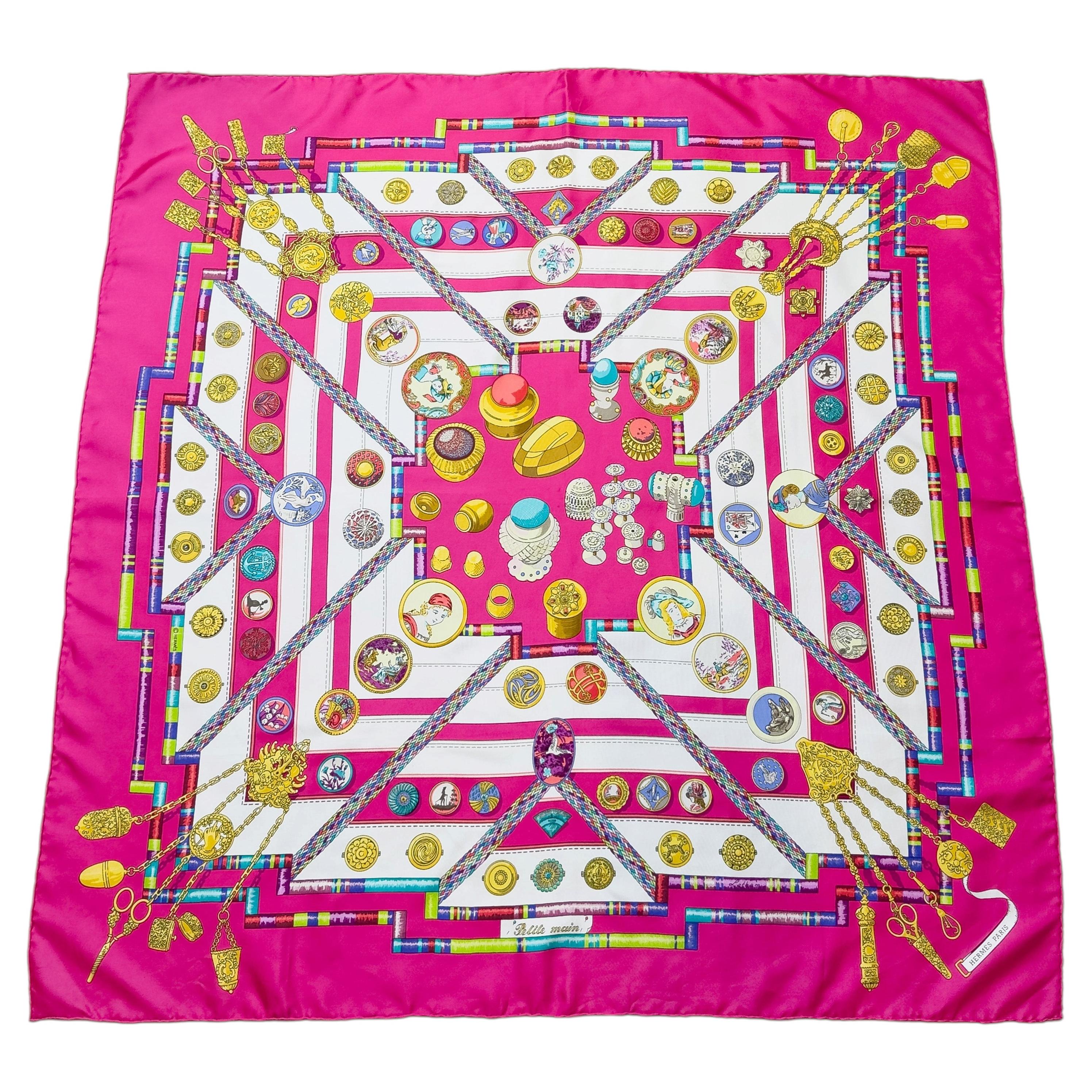 1980's Hermès Fuchsia, Gold and White Petite Main Silk Scarf For Sale