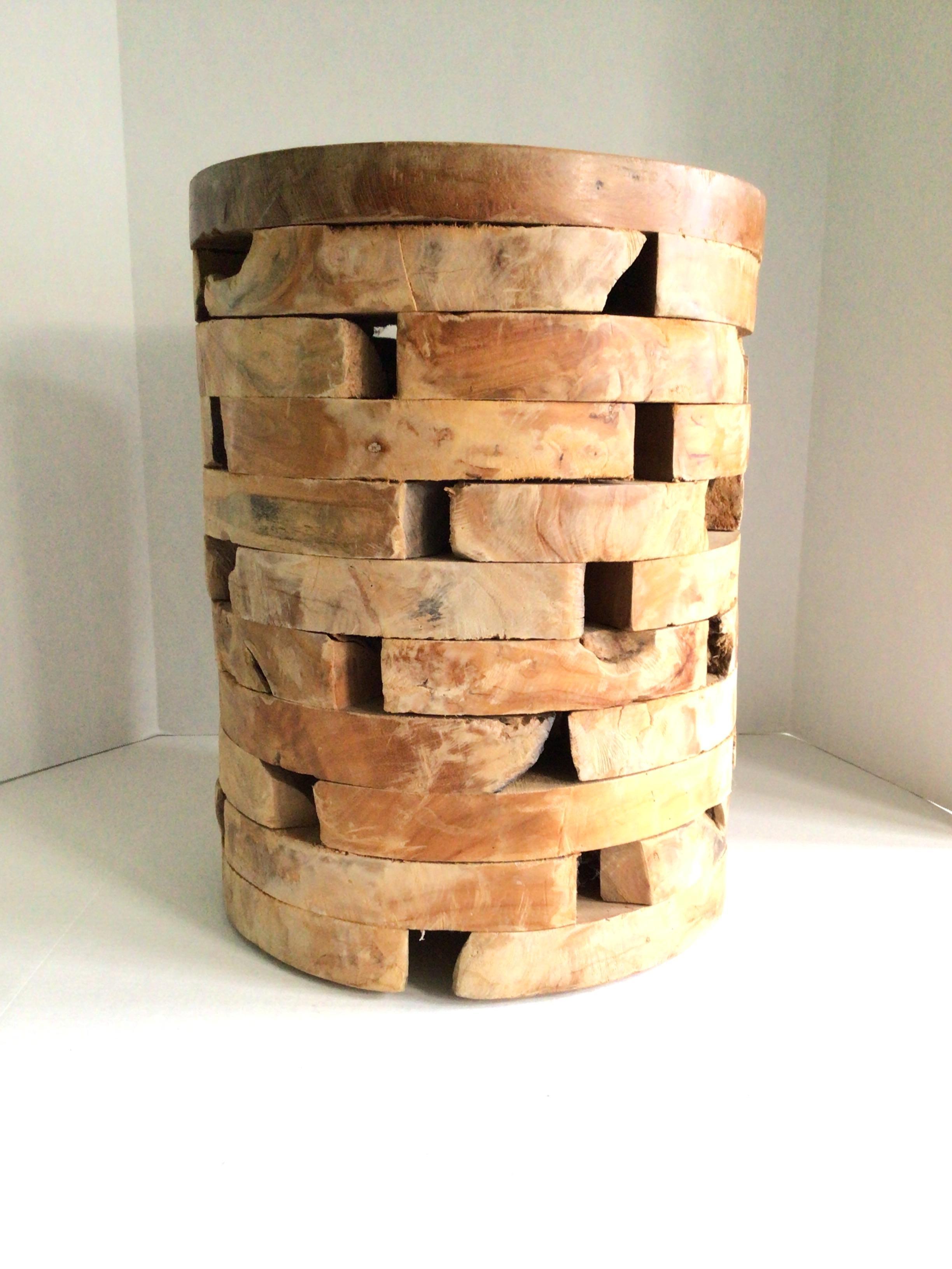 Early 2000s Interlock/Stacked Wooden Block Round Pedestal Stool
Chuck of interlock wood missing (doesn’t affect structure)
This unique table can serve as a coffee table, side table, plant stand, or bedside table
The natural reclaimed wood provides a