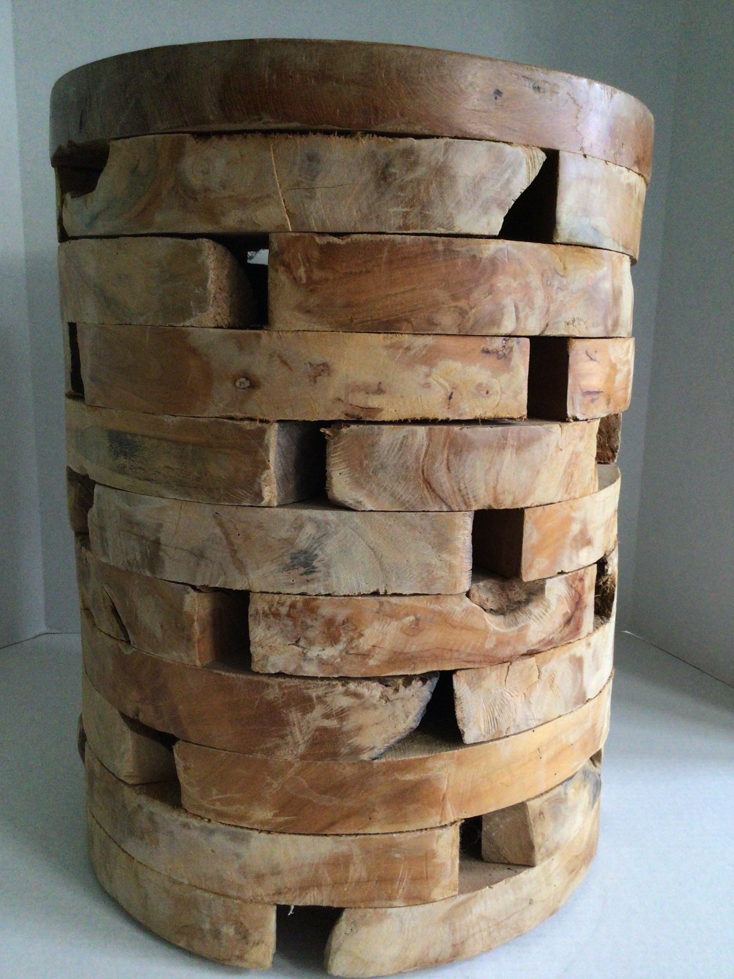 Unknown Early 2000s Interlock/Stacked Wooden Block Round Pedestal Stool For Sale
