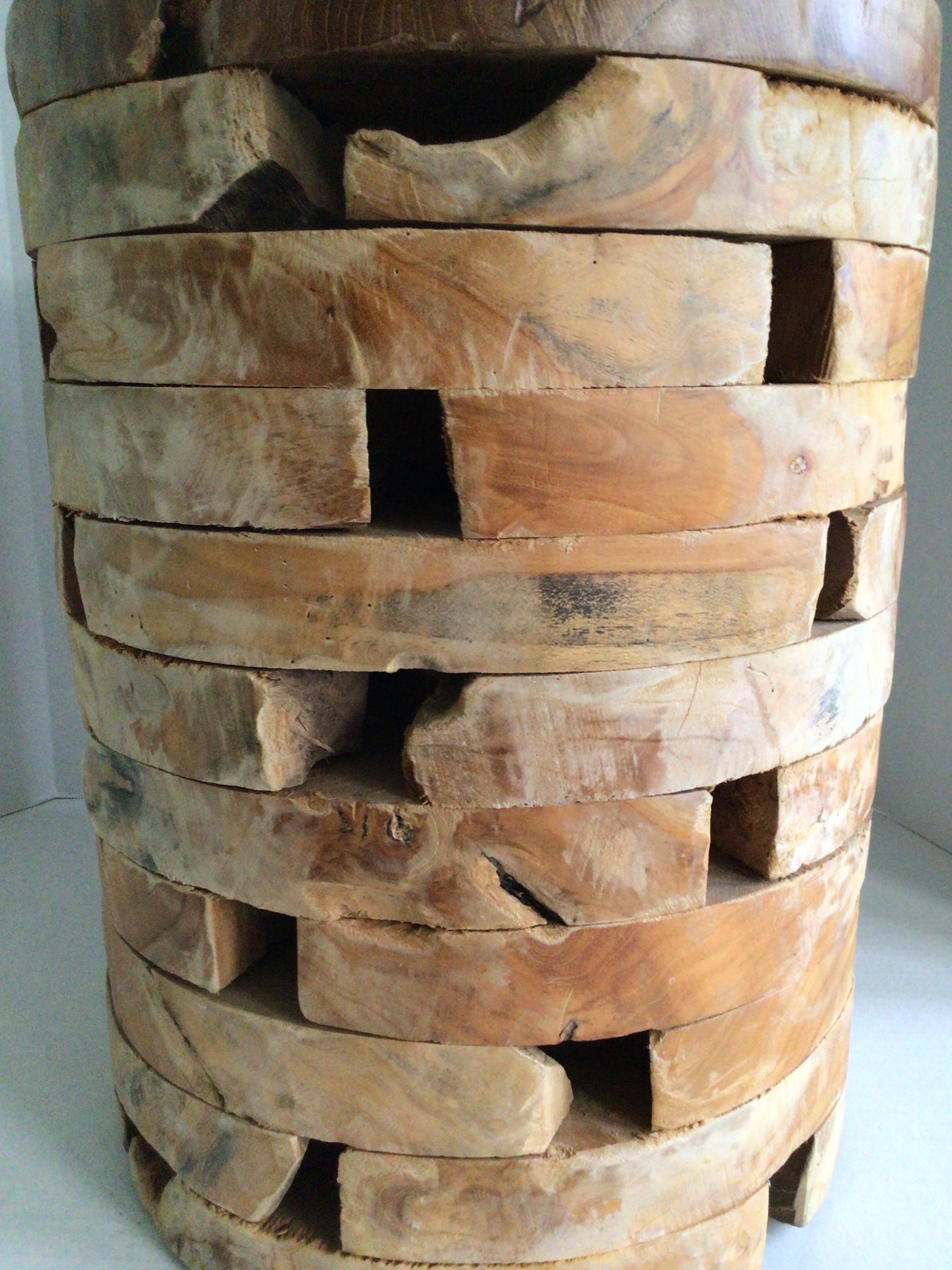 Early 2000s Interlock/Stacked Wooden Block Round Pedestal Stool In Good Condition For Sale In Tarrytown, NY