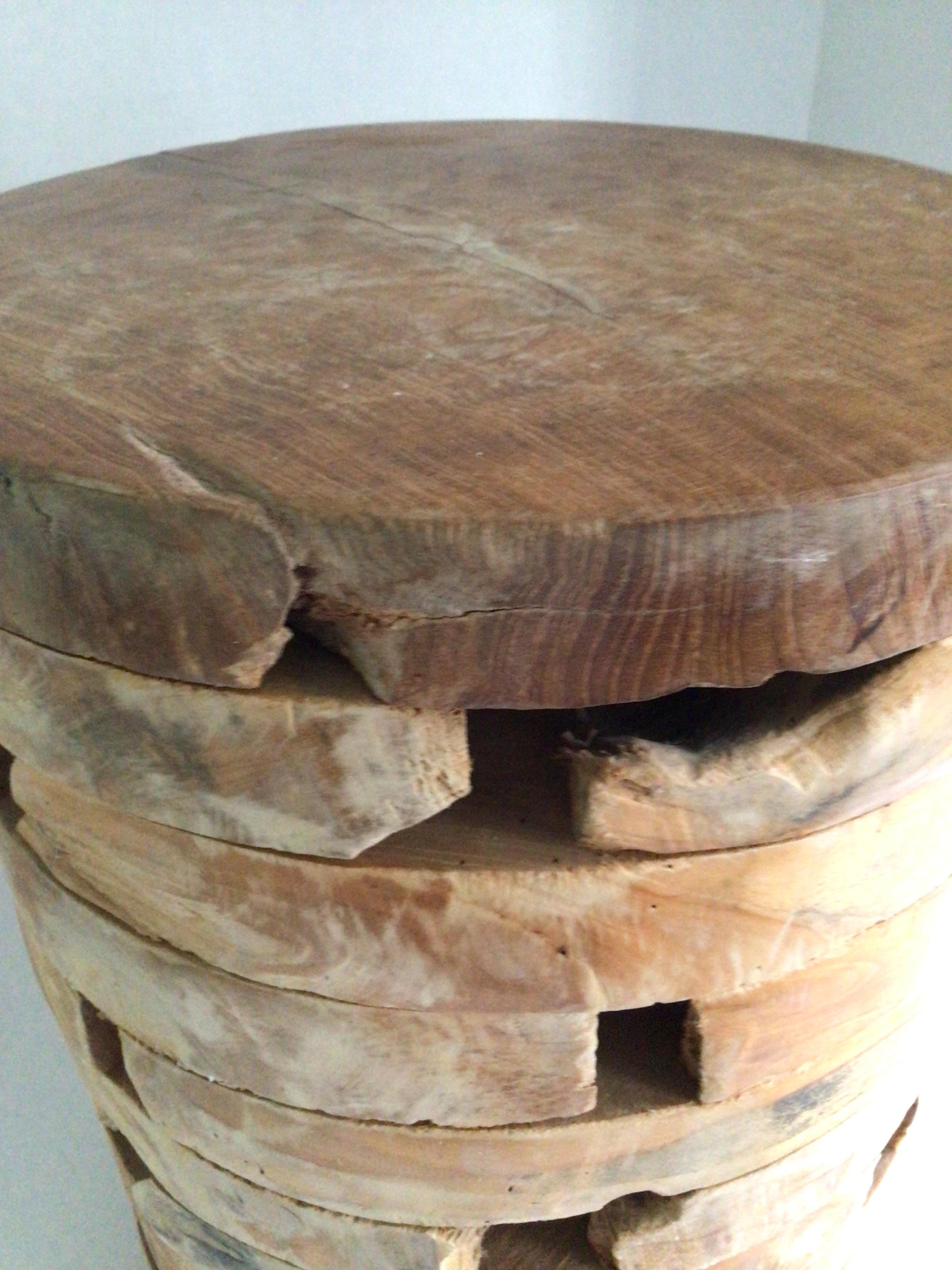 Contemporary Early 2000s Interlock/Stacked Wooden Block Round Pedestal Stool For Sale