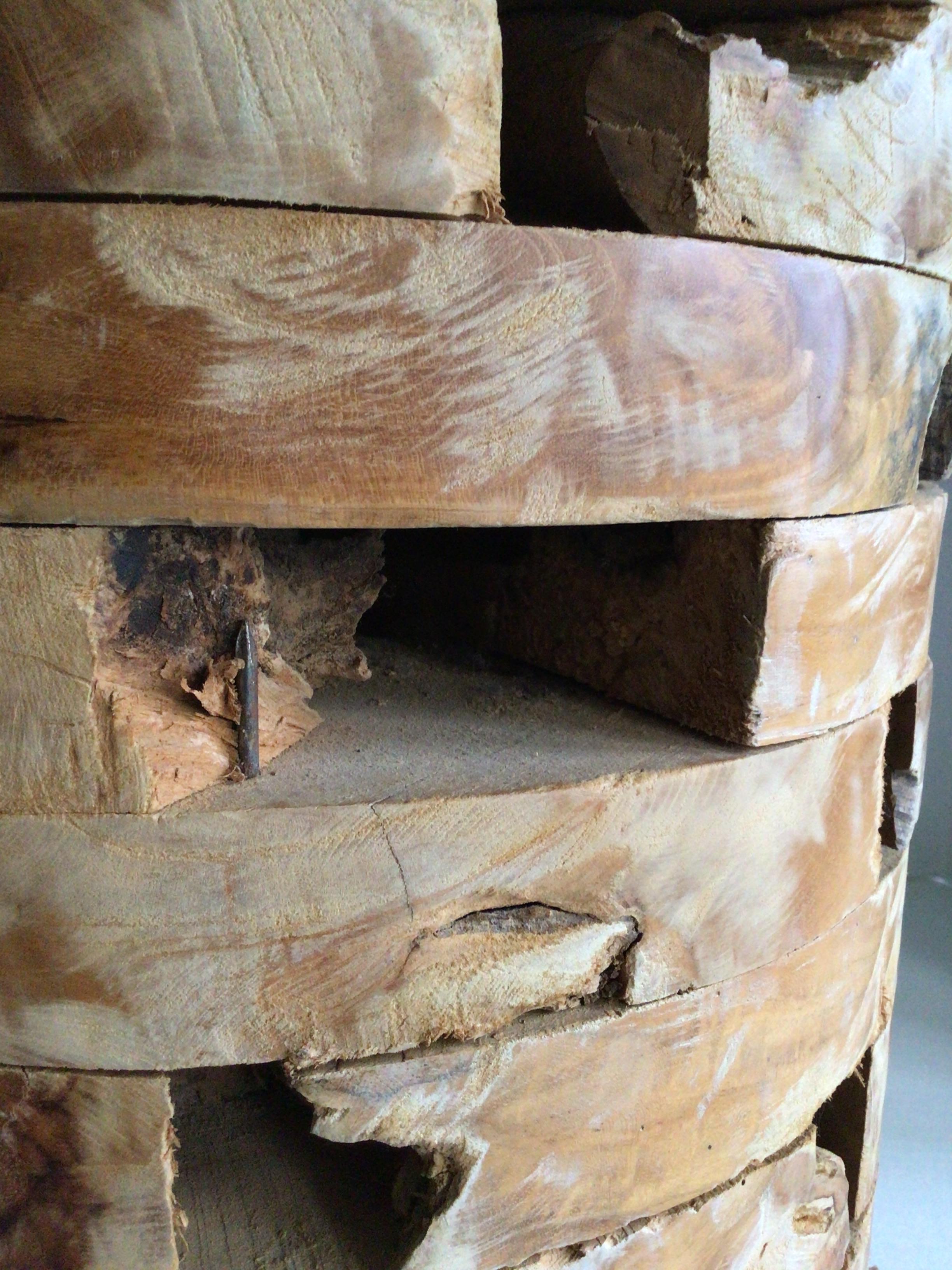 Teak Early 2000s Interlock/Stacked Wooden Block Round Pedestal Stool For Sale