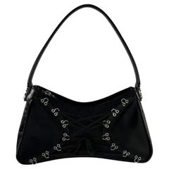 Early 2000s John Galliano Black Satin Leather Corset Style Mini Bag