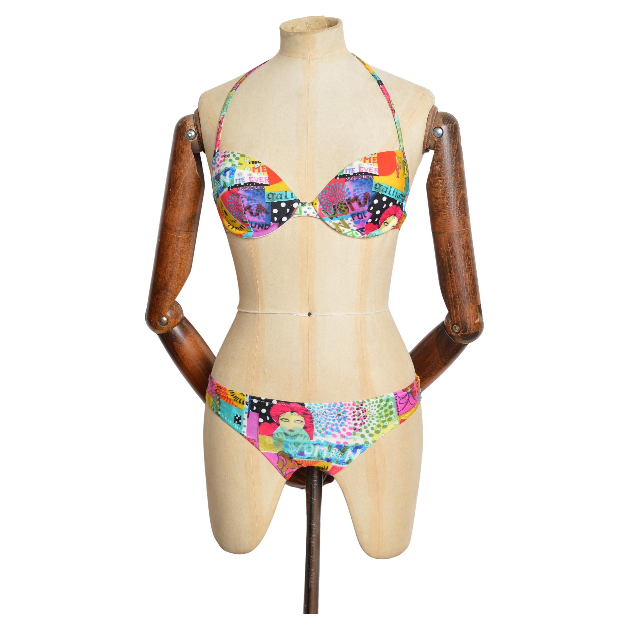 Early 2000’s John Galliano Colourful Y2k Collage Print Bikini - Swimsuit en venta