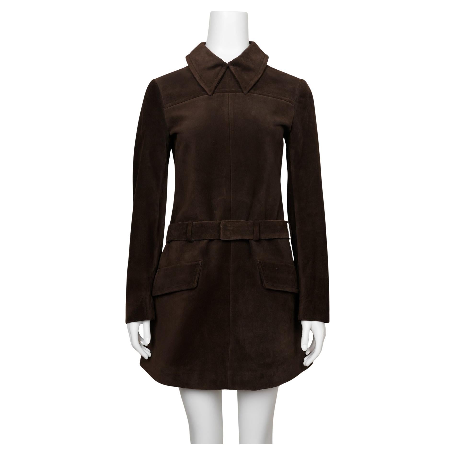 Early 2000s Miuccia Prada-Era Miu Miu Suede Shirtdress in Chocolate Brown For Sale