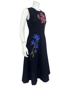 Early 2000's Oscar de la Renta Black Knit Dress With Cross Stitch Details