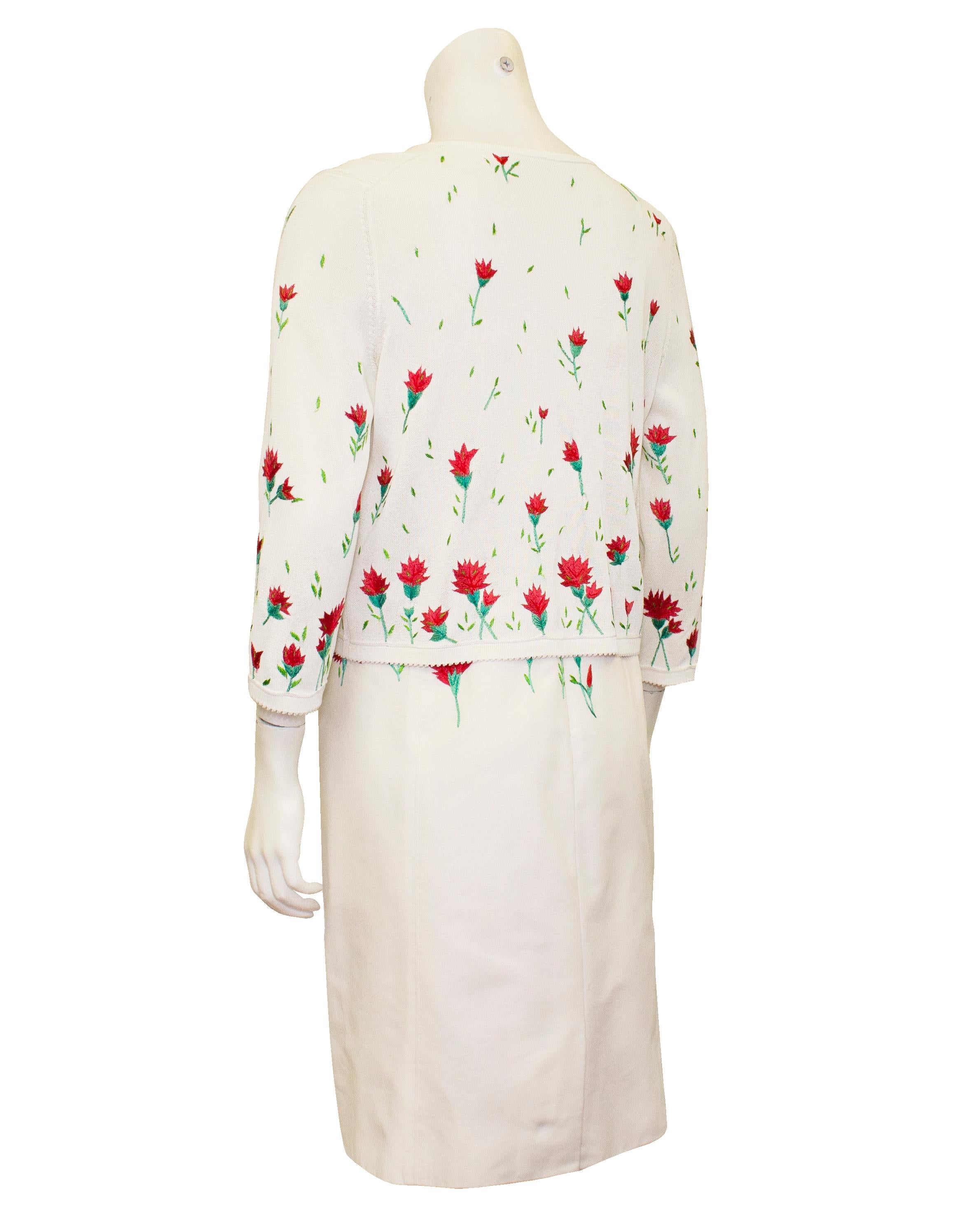 Early 2000s Oscar de la Renta Carnation Embroidered Dress and Cardigan Ensemble  In Good Condition For Sale In Toronto, Ontario