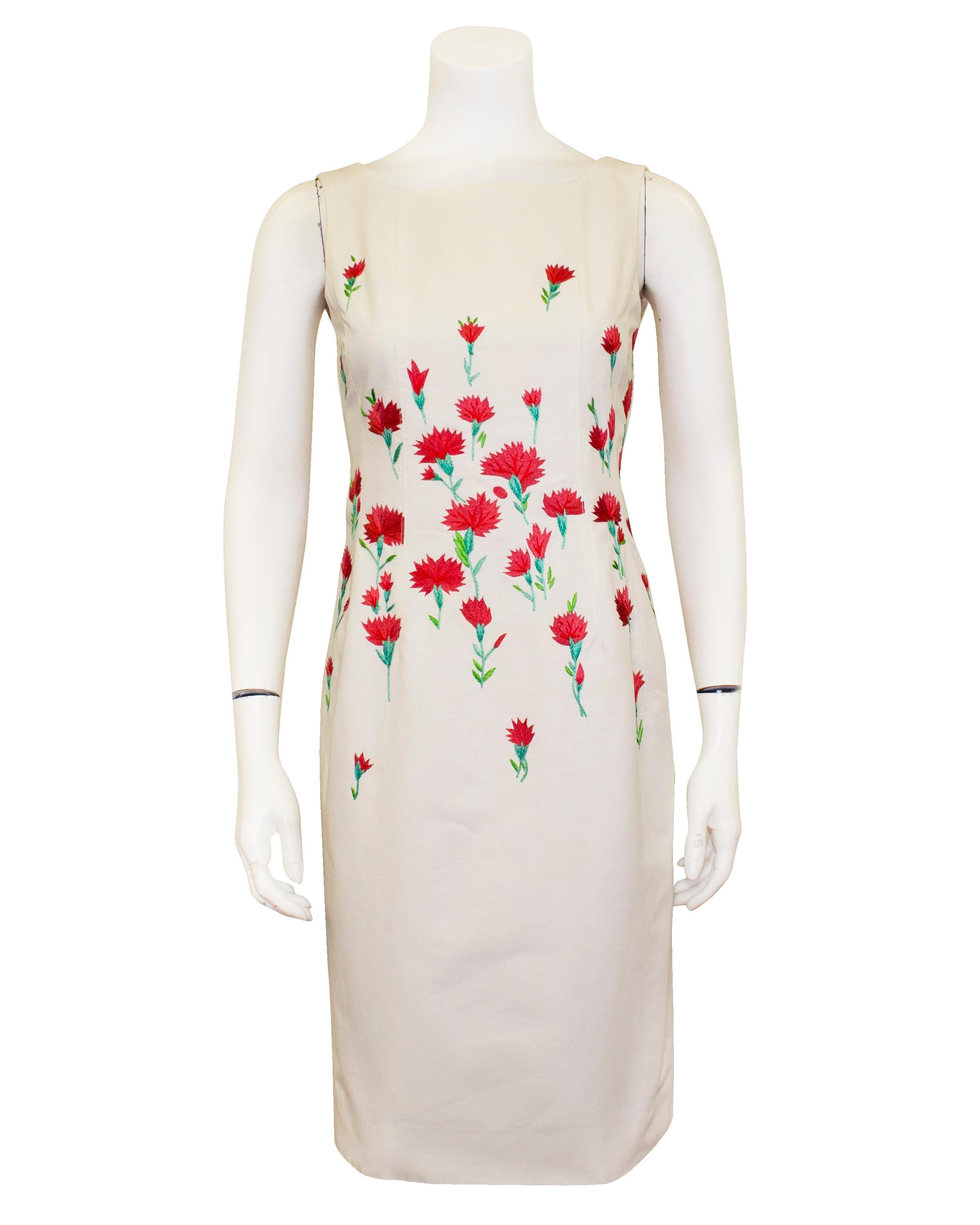Early 2000s Oscar de la Renta Carnation Embroidered Dress and Cardigan Ensemble  For Sale 2