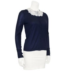 Early 2000s Oscar de la Renta Navy Cardigan With Crochet Collar