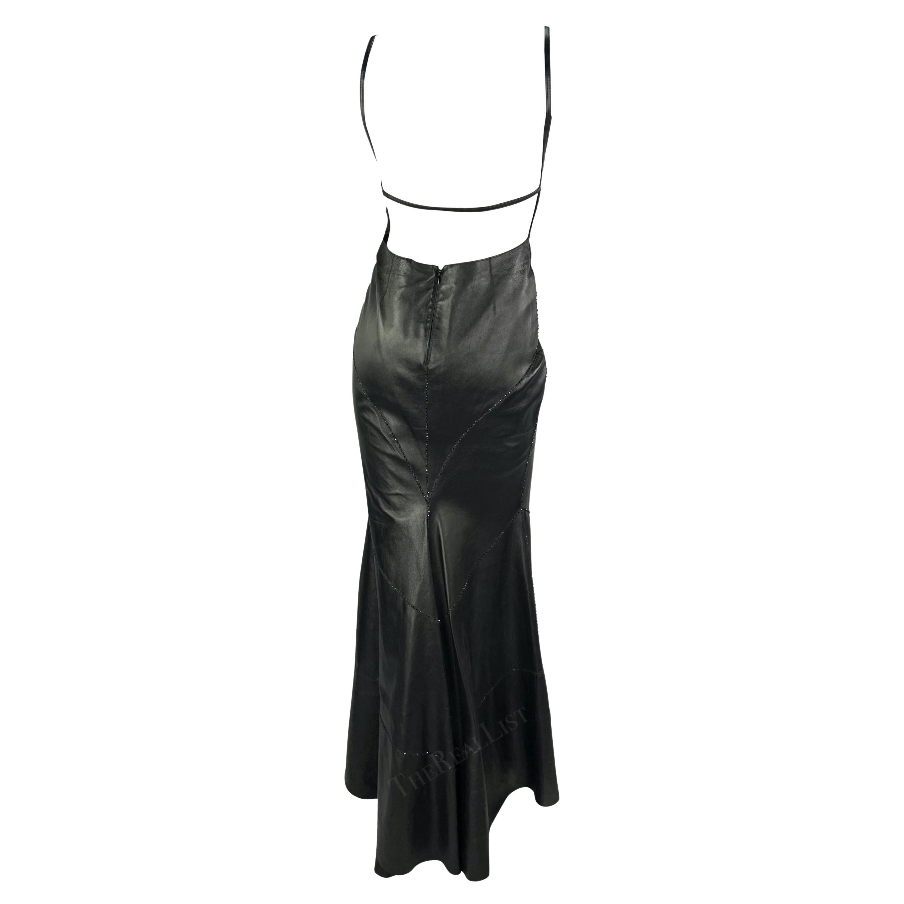 Early 2000s Pamela Dennis Couture Black Leather Backless Beaded Gown For Sale