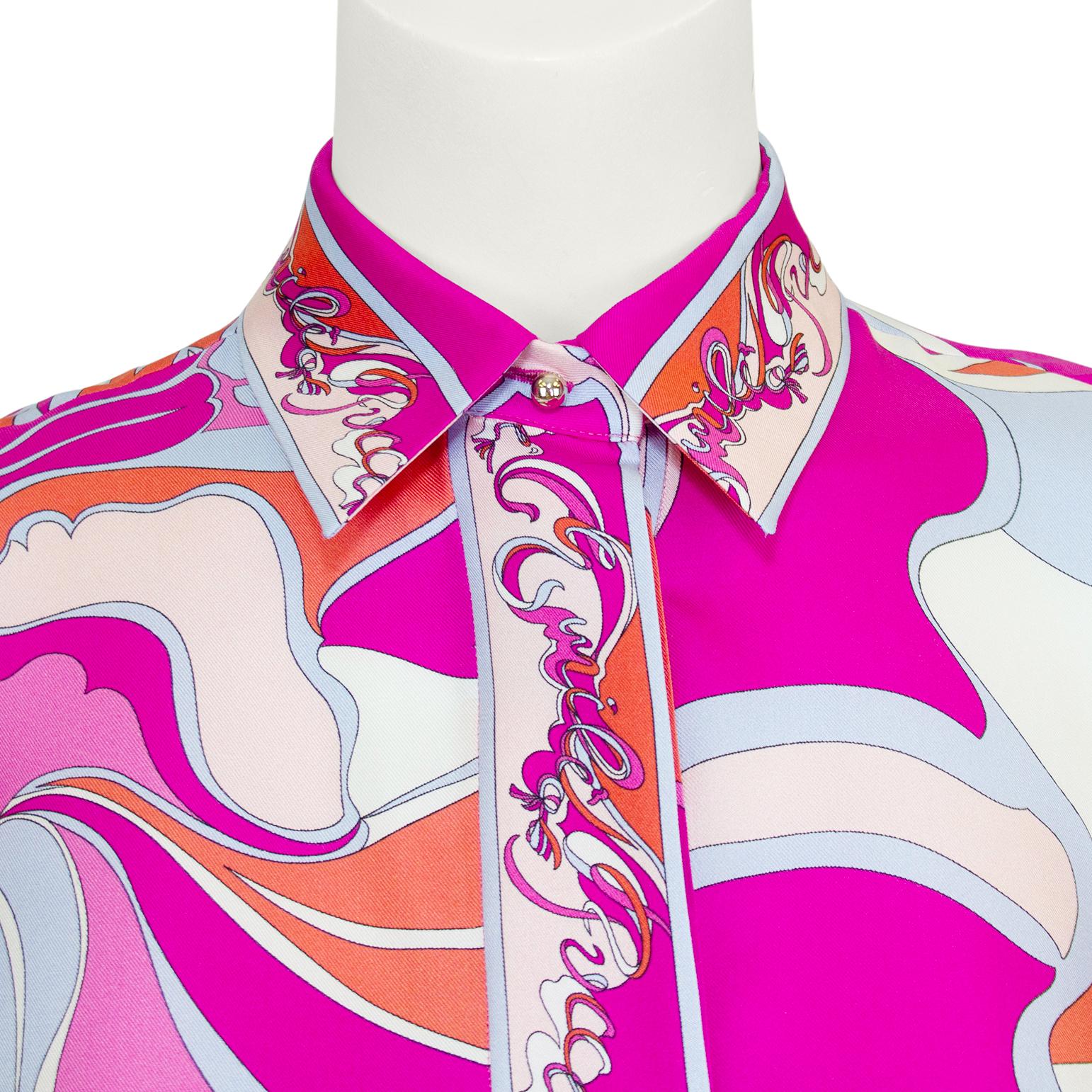 Early 2000s Pink, Orange and Pale Blue Printed Silk Shirt  In Good Condition For Sale In Toronto, Ontario