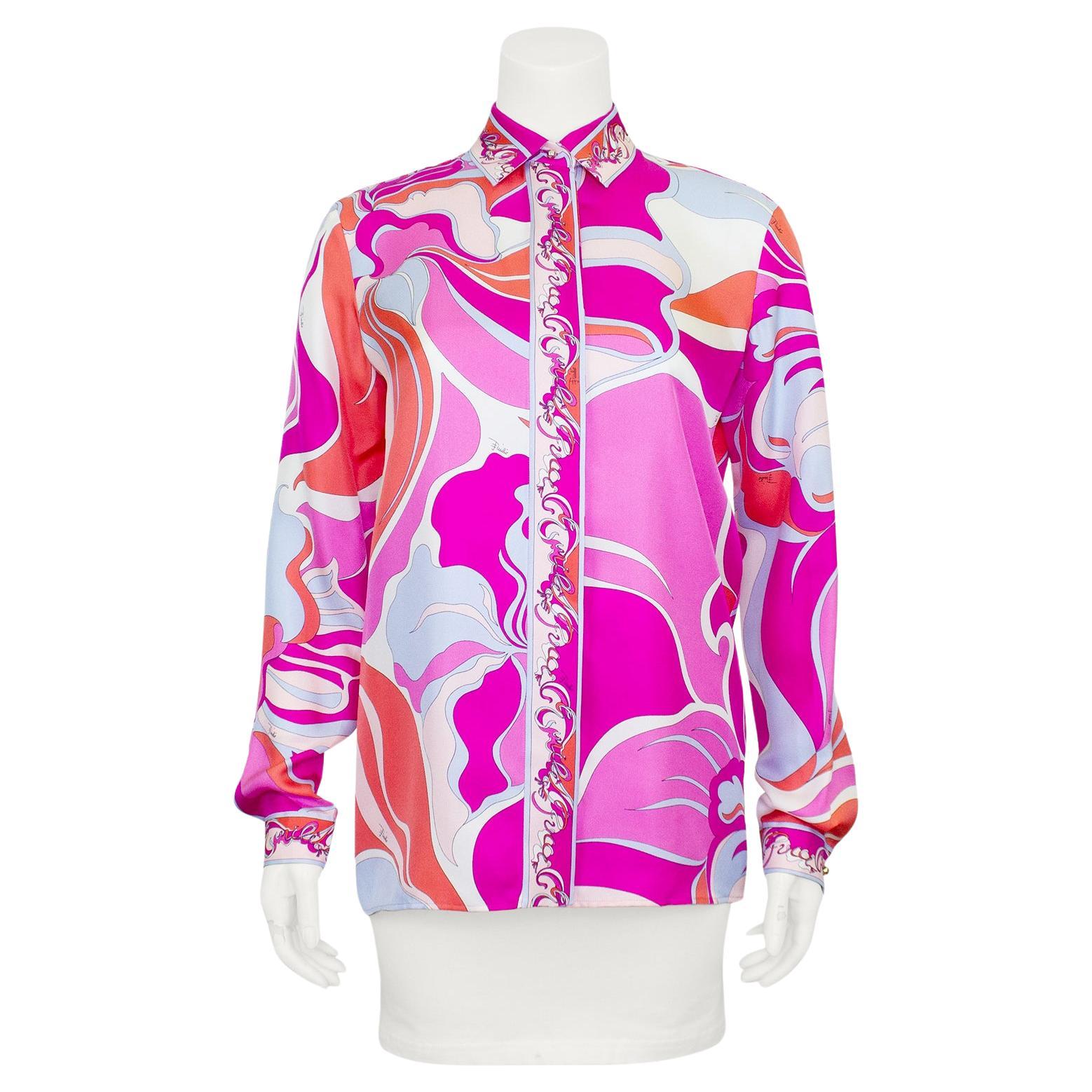 Early 2000s Pink, Orange and Pale Blue Printed Silk Shirt  For Sale