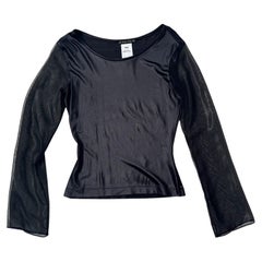 Early 2000s Plein Sud Semi-Sheer Black Stretch Top with Tulle Sleeves