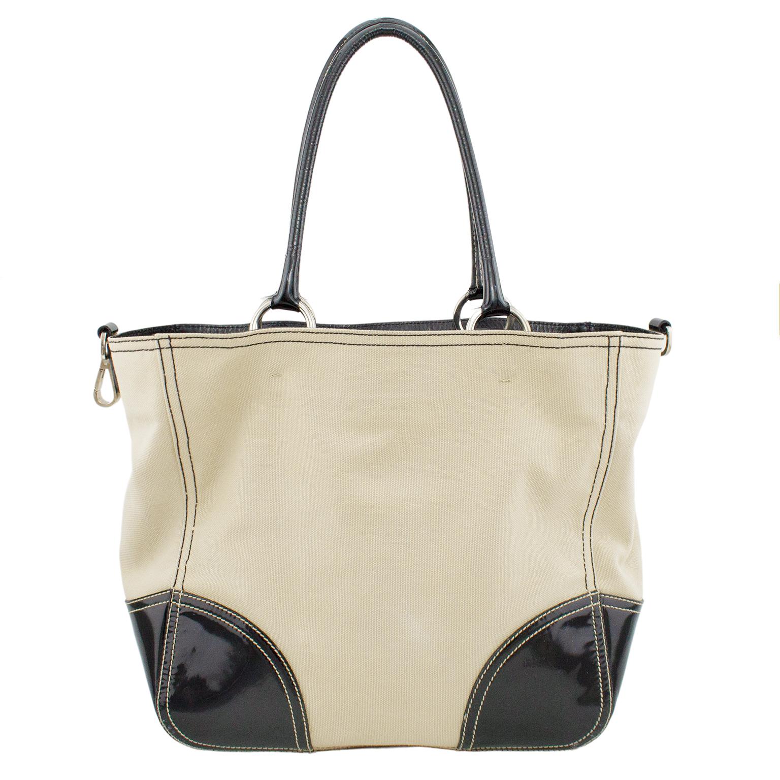 Early 2000s Prada Beige Canvas Tote with Black Patent Leather In Good Condition For Sale In Toronto, Ontario