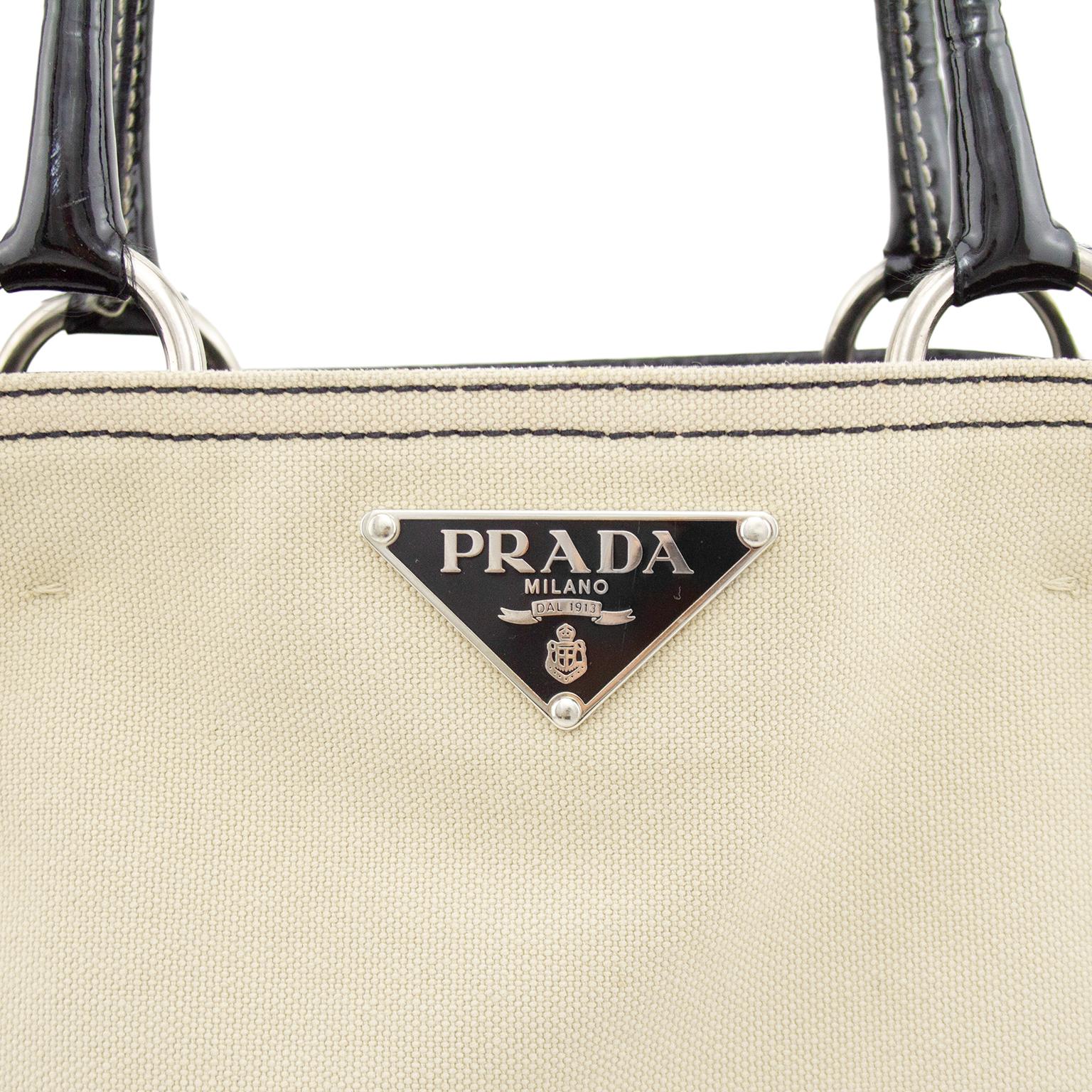 Early 2000s Prada Beige Canvas Tote with Black Patent Leather  For Sale 1