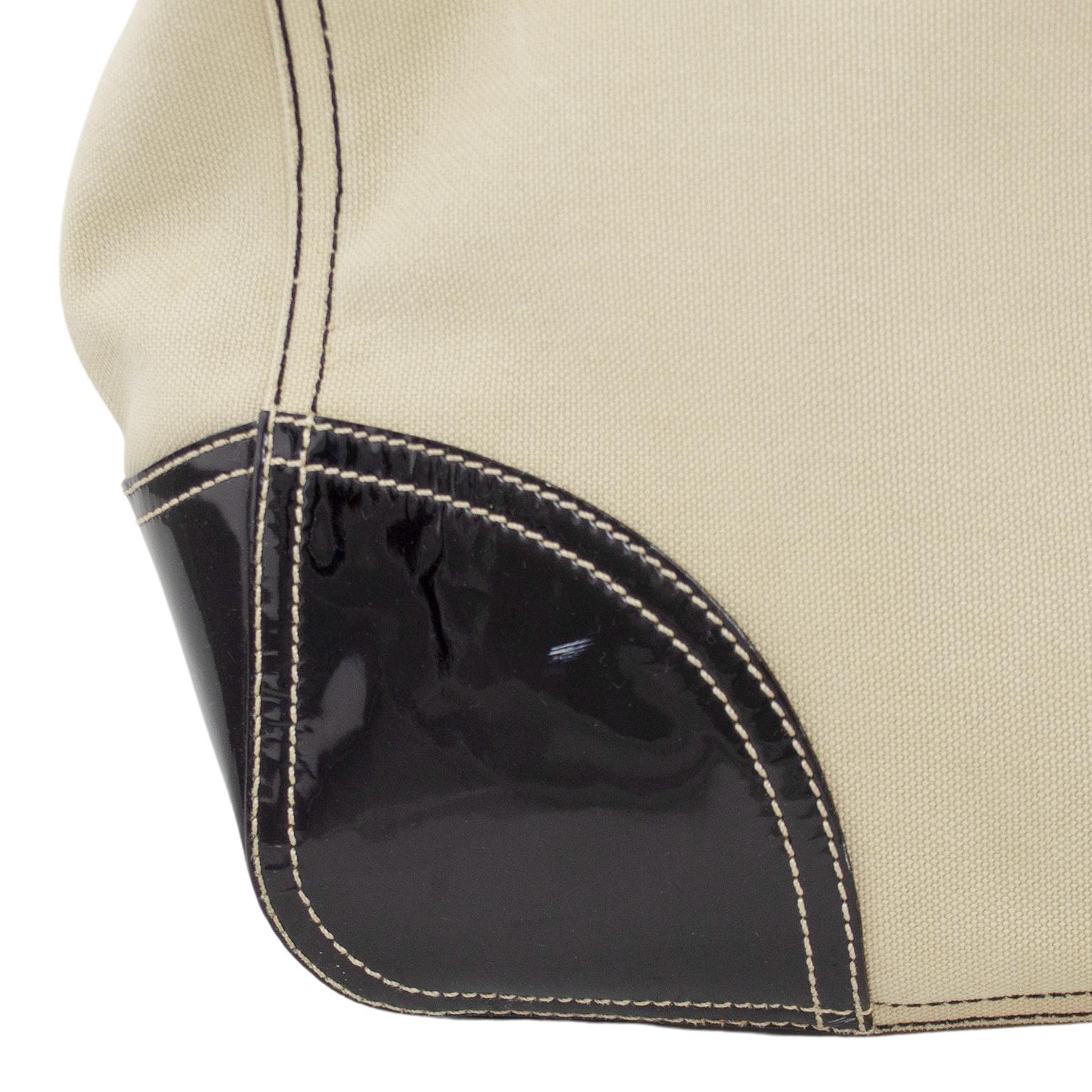 Early 2000s Prada Beige Canvas Tote with Black Patent Leather For Sale 3