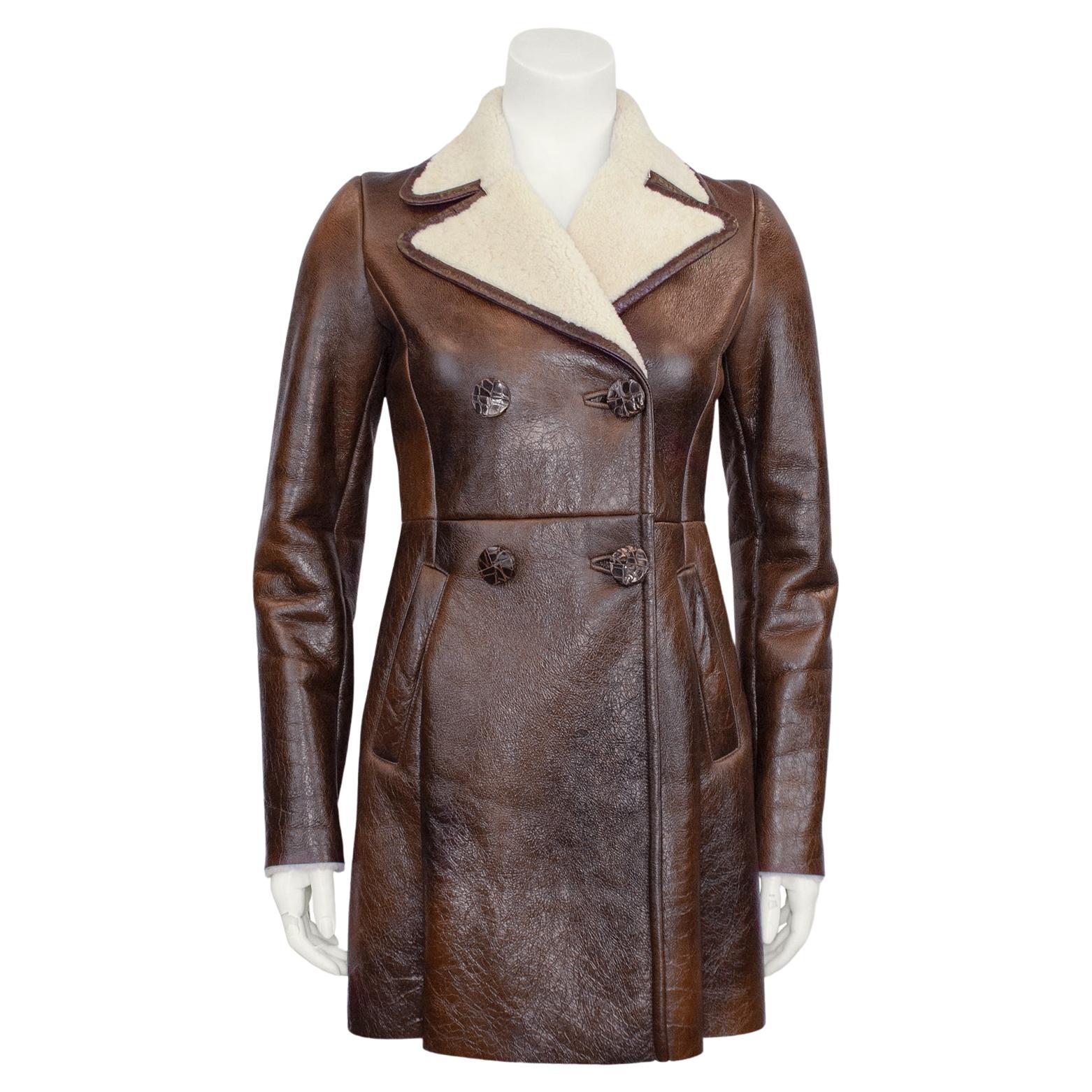 Early 2000s Prada Brown Leather and Shearling Coat