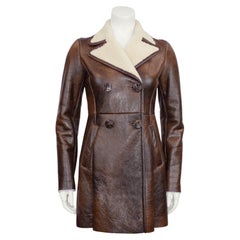 Prada - Manteau en cuir marron et peau de mouton du début des années 2000