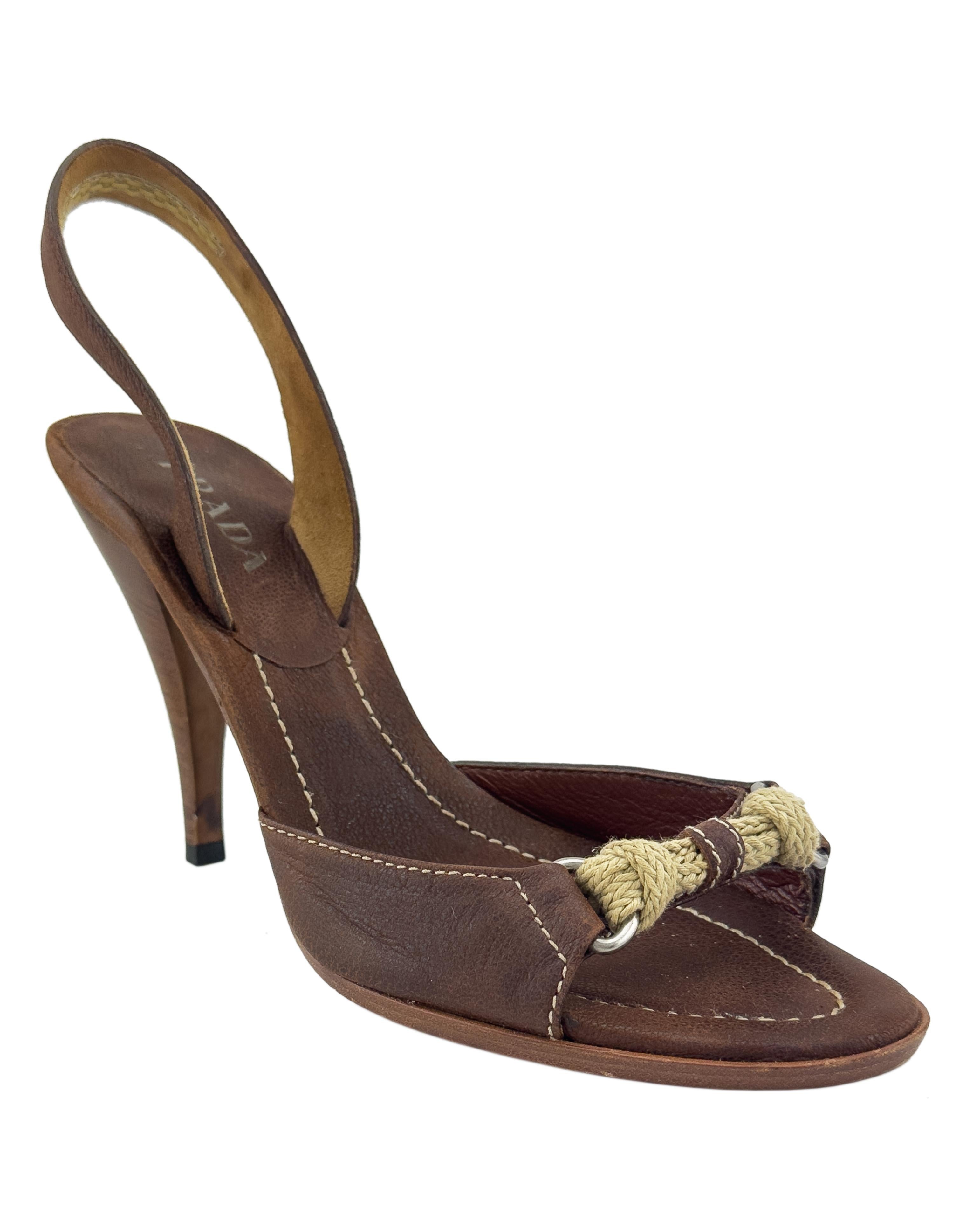 Early 2000s Prada Brown Leather Sling Back Heels with Rope Detail In Good Condition For Sale In Toronto, Ontario