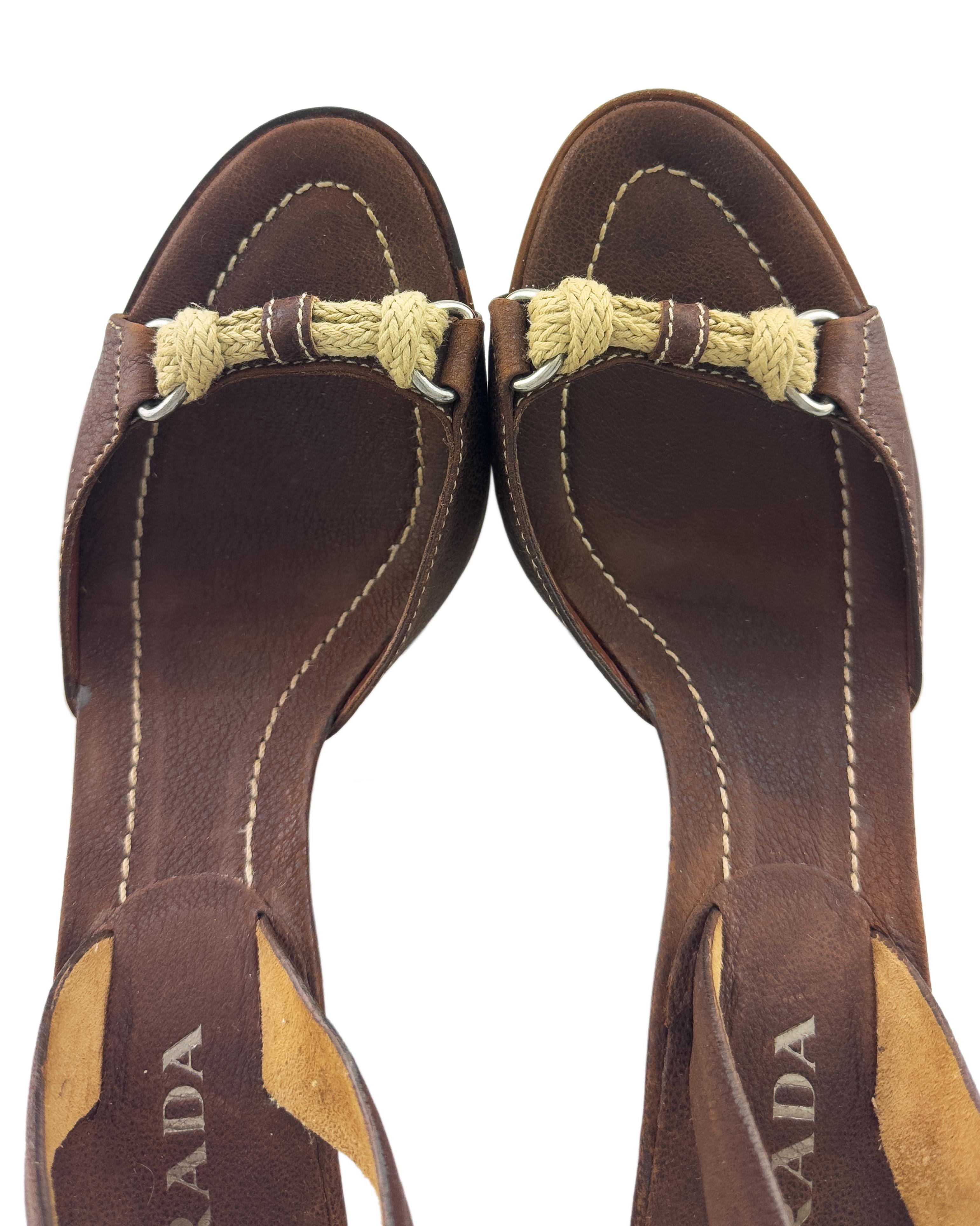 Women's Early 2000s Prada Brown Leather Sling Back Heels with Rope Detail For Sale