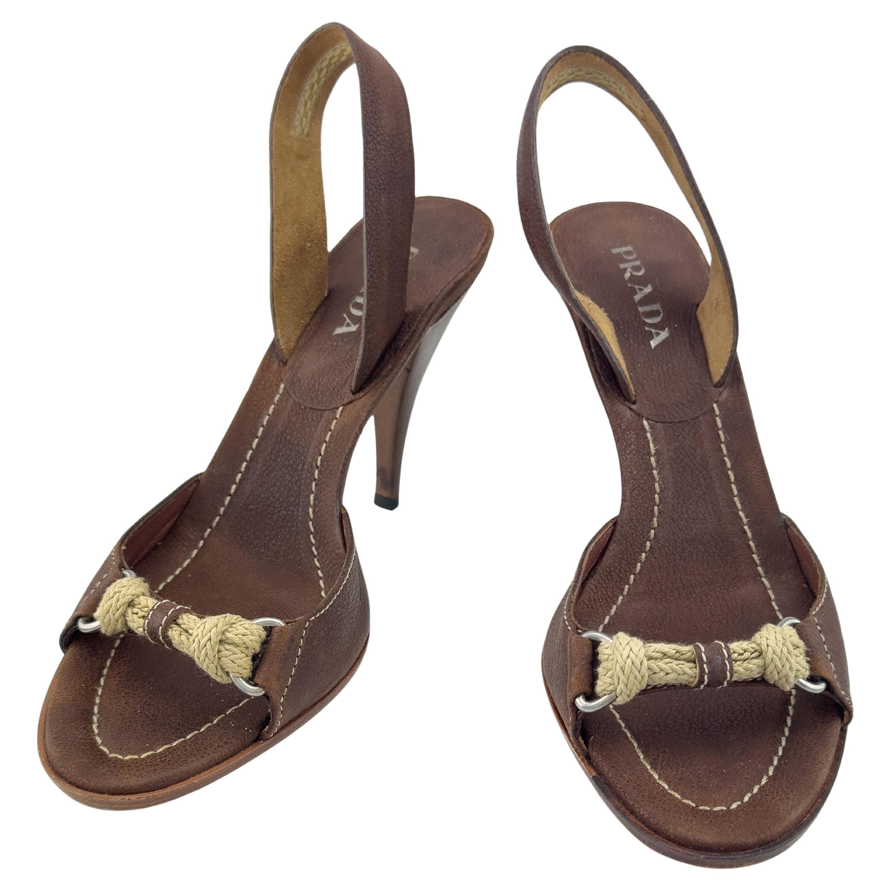 Early 2000s Prada Brown Leather Sling Back Heels with Rope Detail For Sale