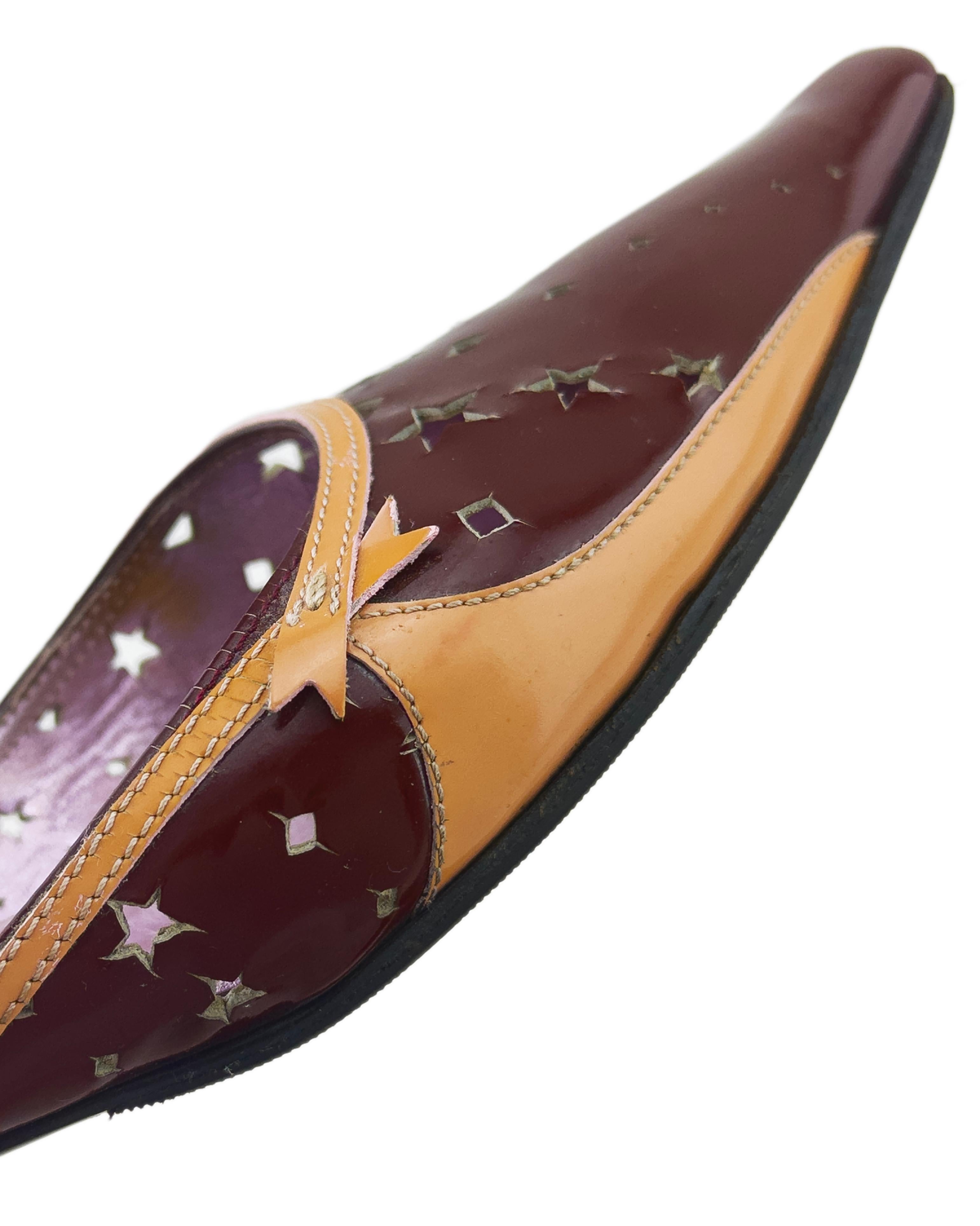 Early 2000s Prada Burgundy and Tan Mules with Star Cut Outs For Sale 1