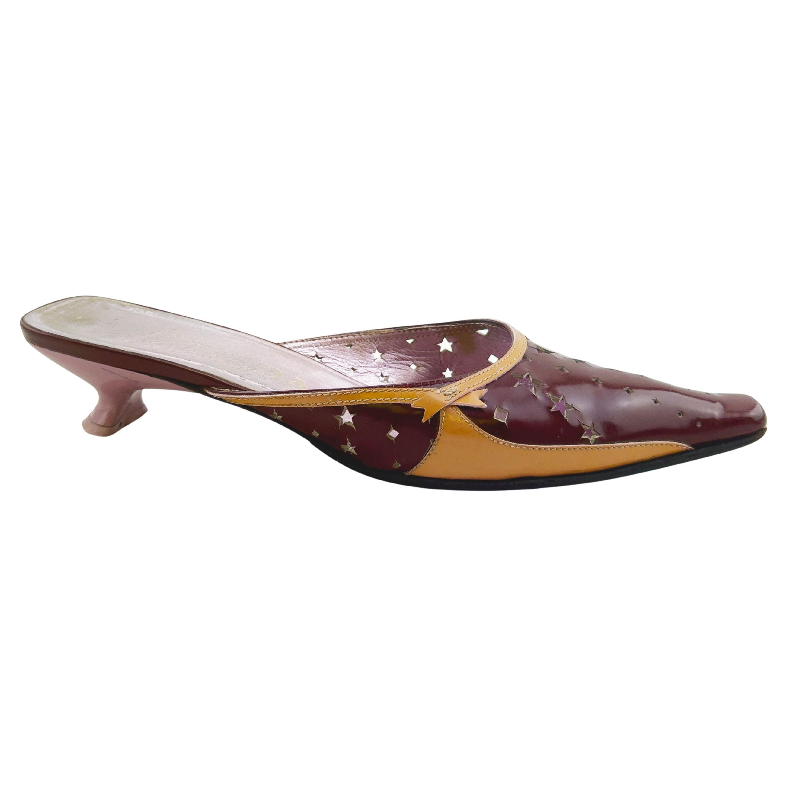 Early 2000s Prada Burgundy and Tan Mules with Star Cut Outs