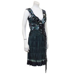 Early 2000s Prada Olive/Grey Sequin & Ruched Pleated Cocktail Dress
